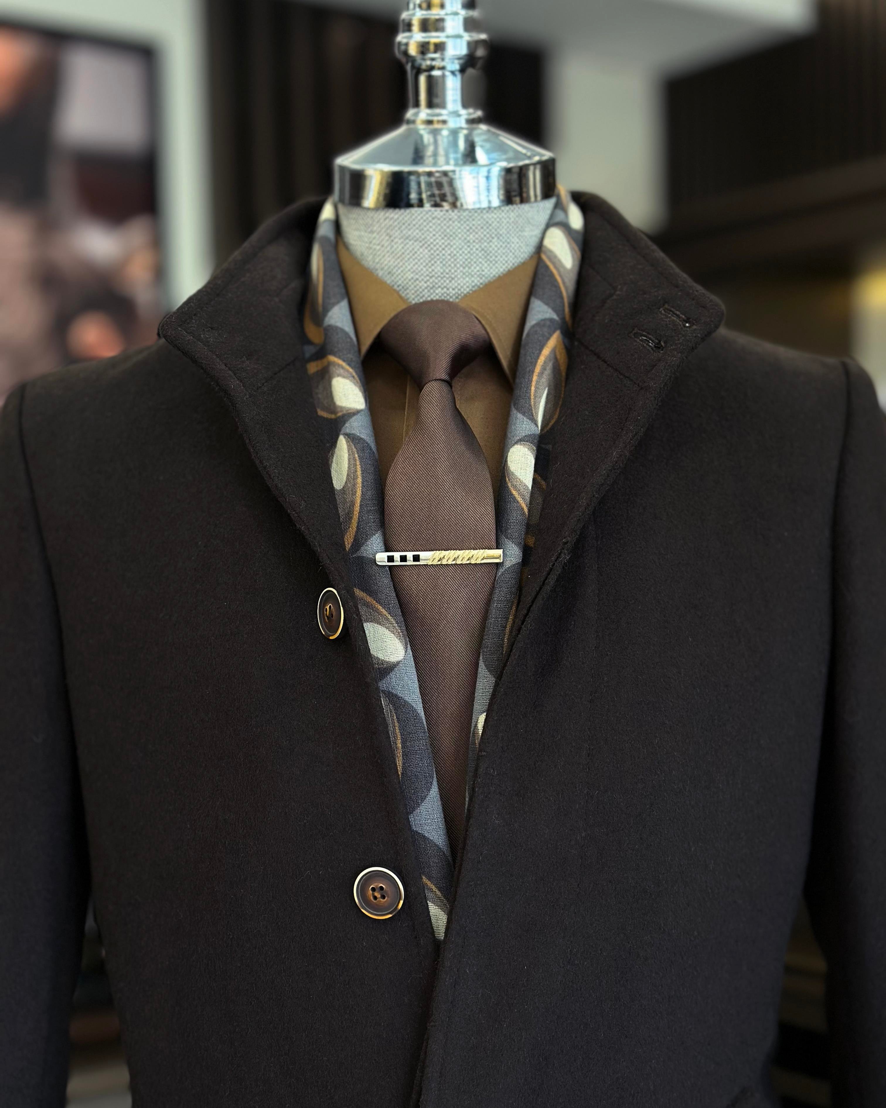 İtalyan stil hakim yaka yün kaşe kaban kahverengi T10812