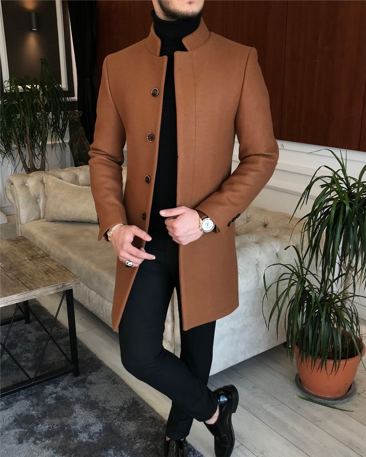 İtalyan stil hakim yaka yün kaşe kaban kahverengi T6599