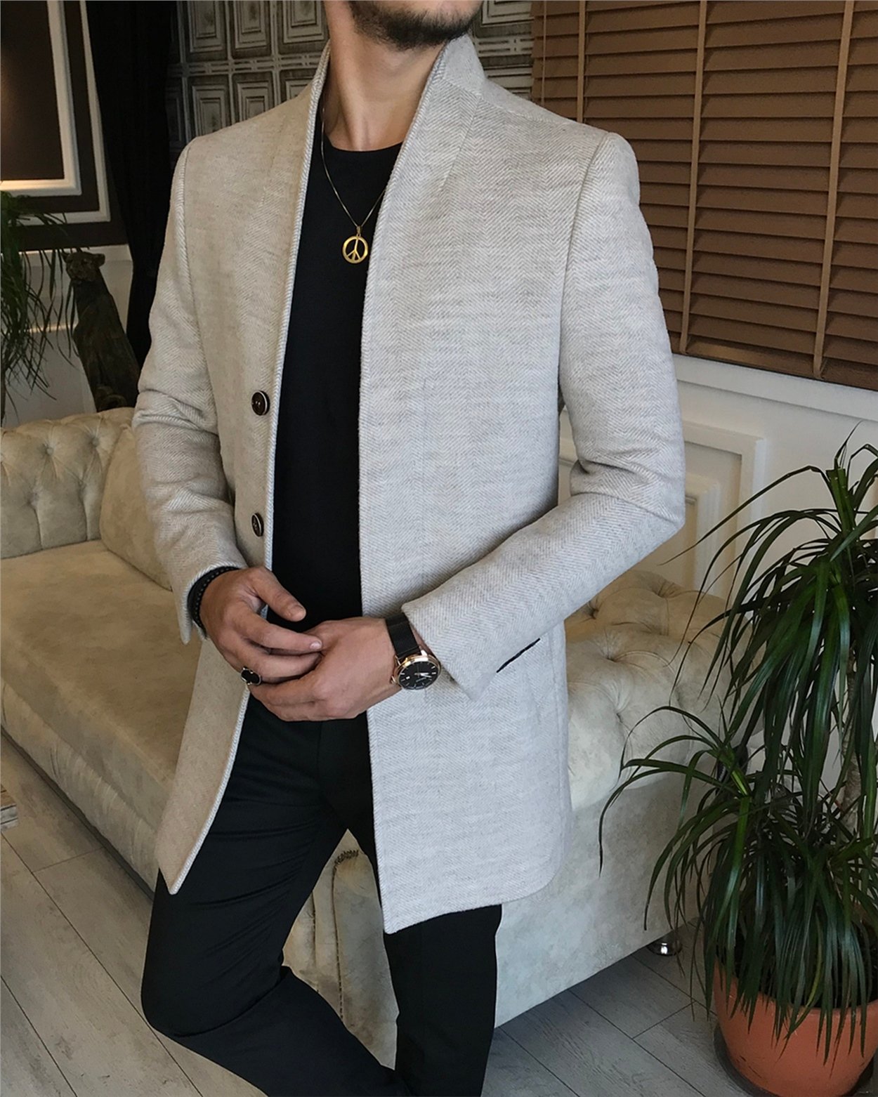 İtalyan stil hakim yaka yün kaşe kaban bej T6308
