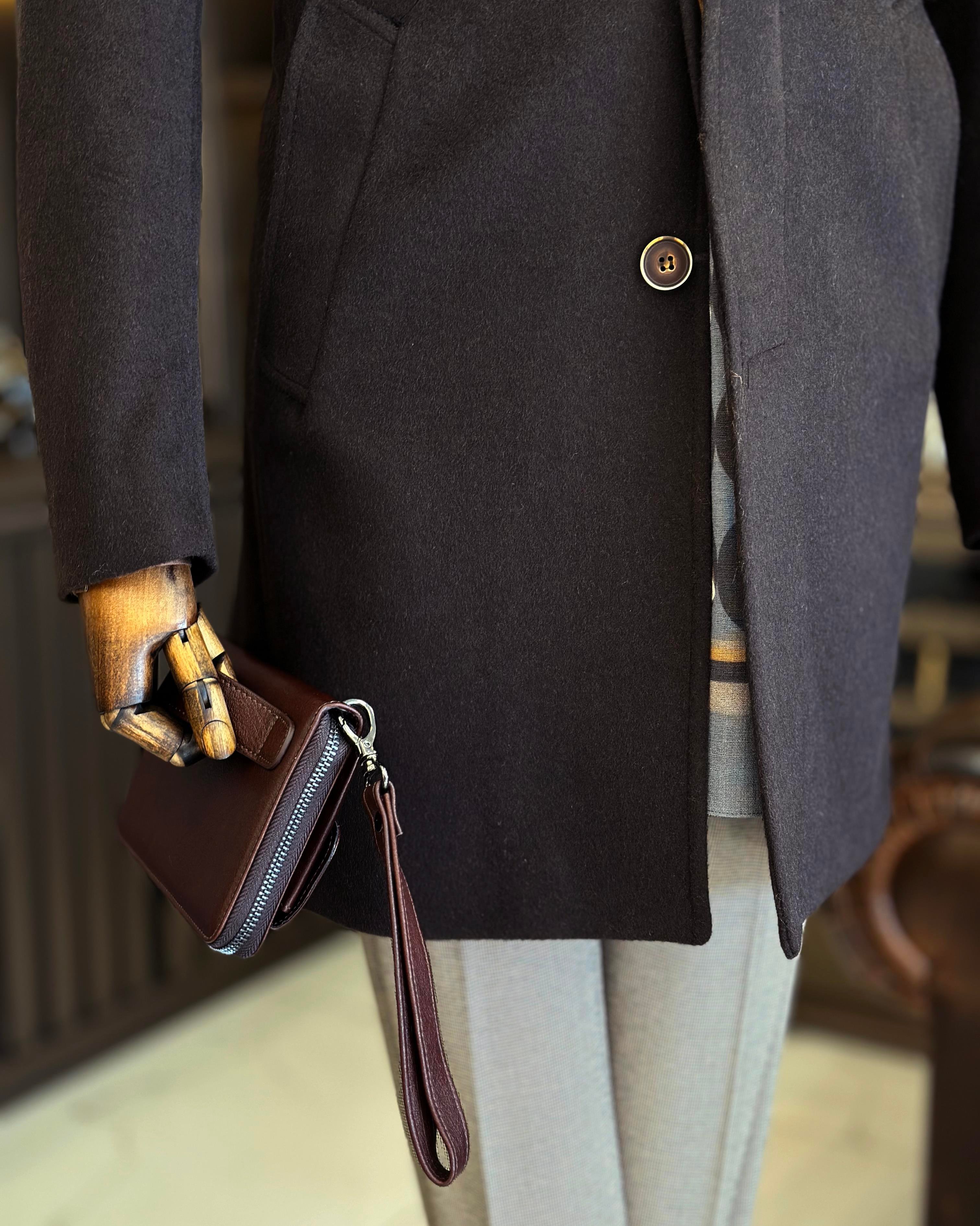 İtalyan stil hakim yaka yün kaşe kaban kahverengi T10812