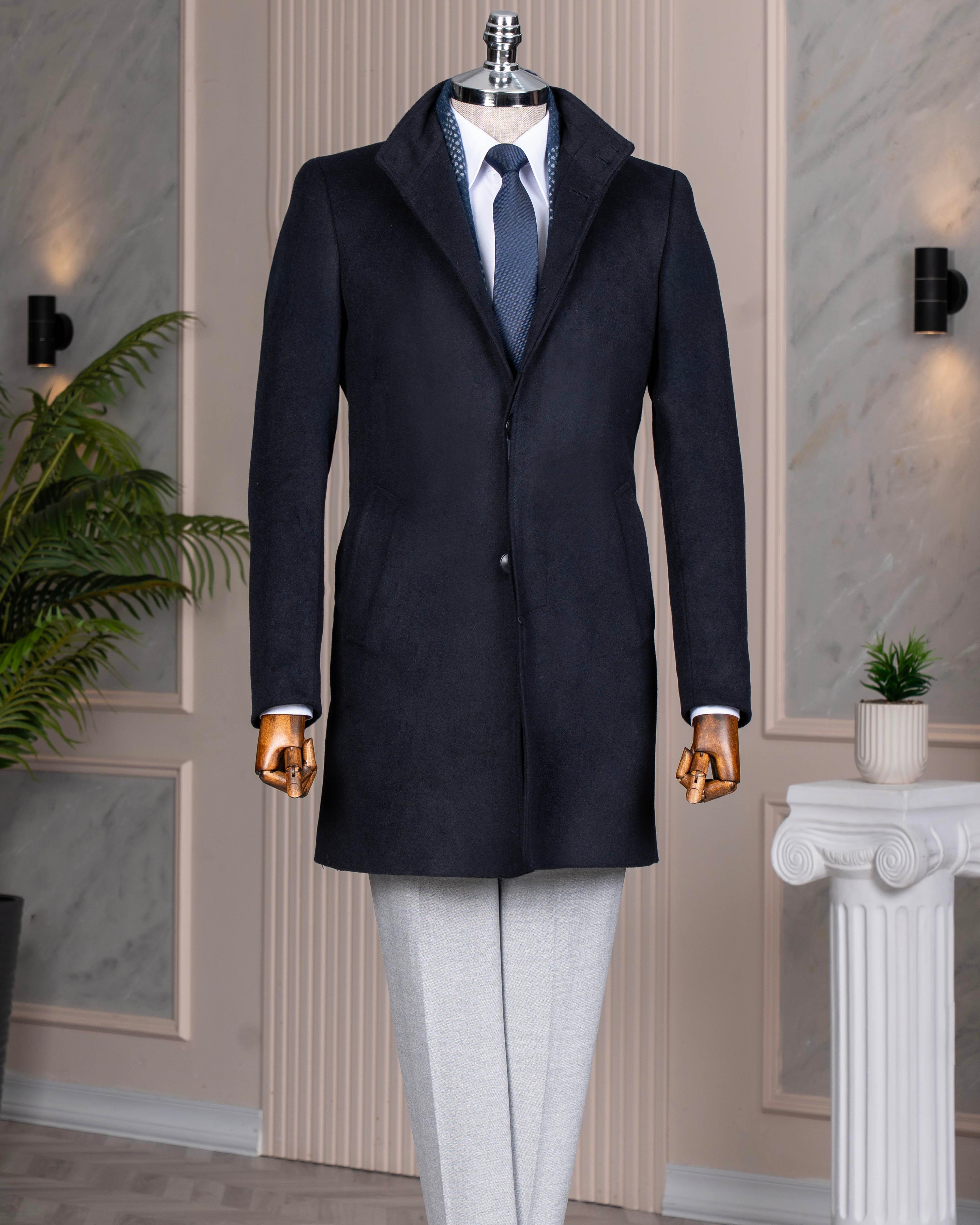 İtalyan stil hakim yaka yün kaşe kaban lacivert T10811