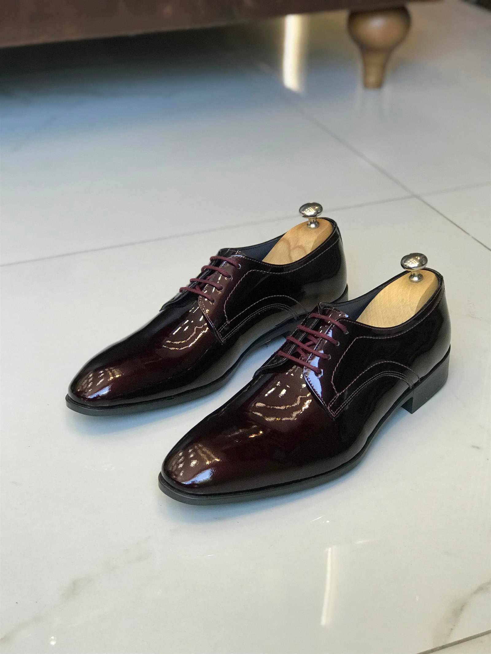İtalyan stil iç dış deri erkek rugan ayakkabı Bordo T7305