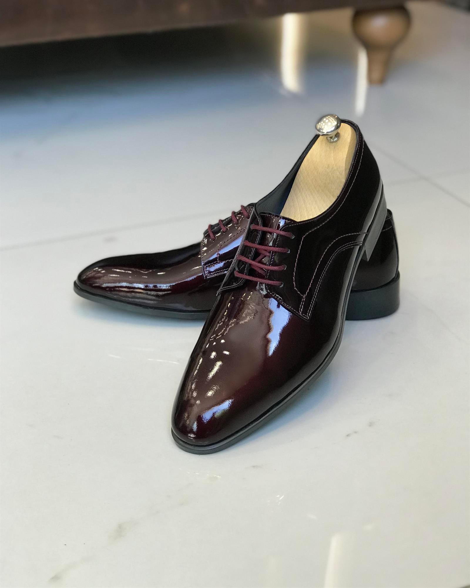 İtalyan stil iç dış deri erkek rugan ayakkabı Bordo T7305