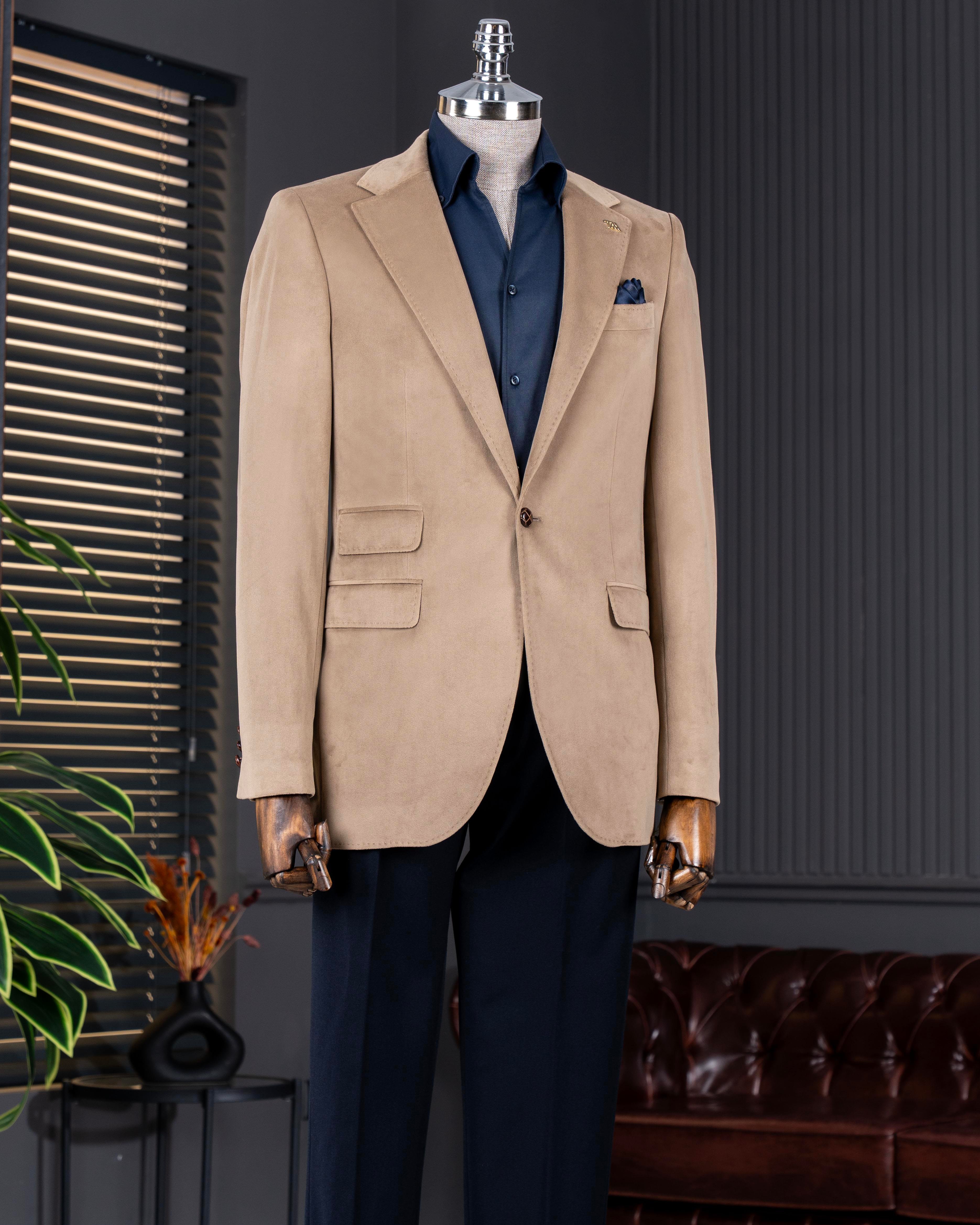 İtalyan stil kadife erkek tek ceket bej T11043
