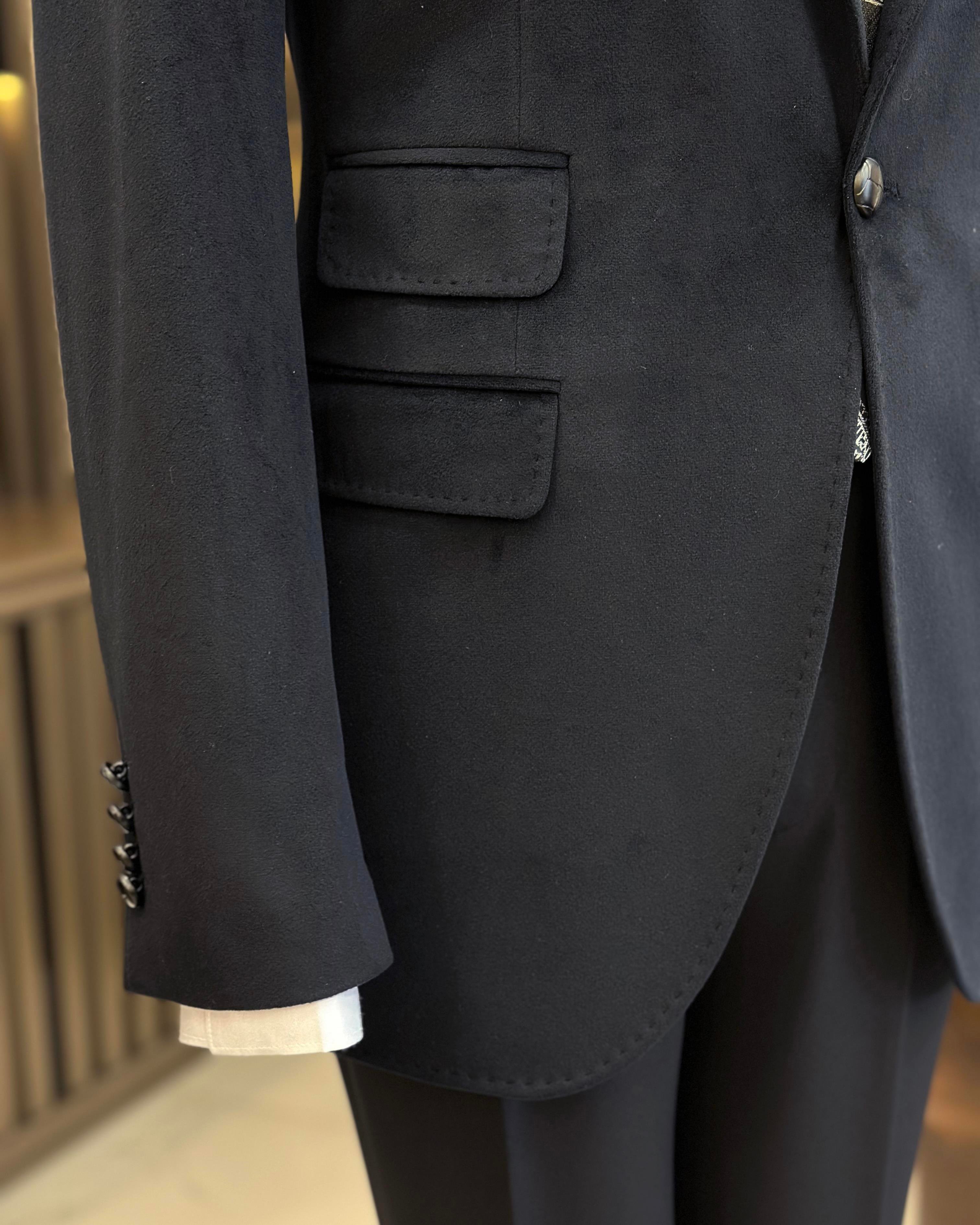 İtalyan stil kadife erkek tek ceket siyah T11041