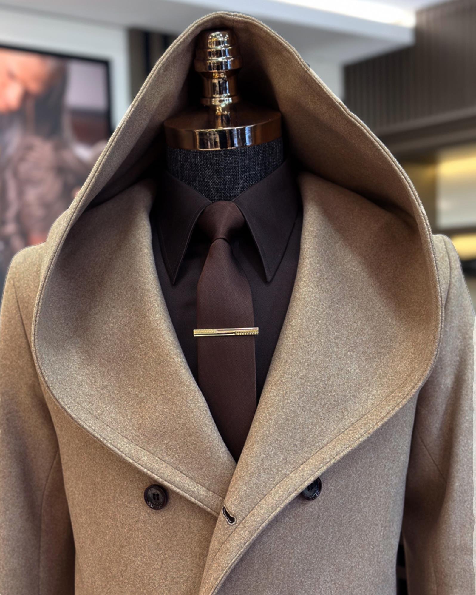 Italian style hooded double-breasted cashmere coat camel T10668