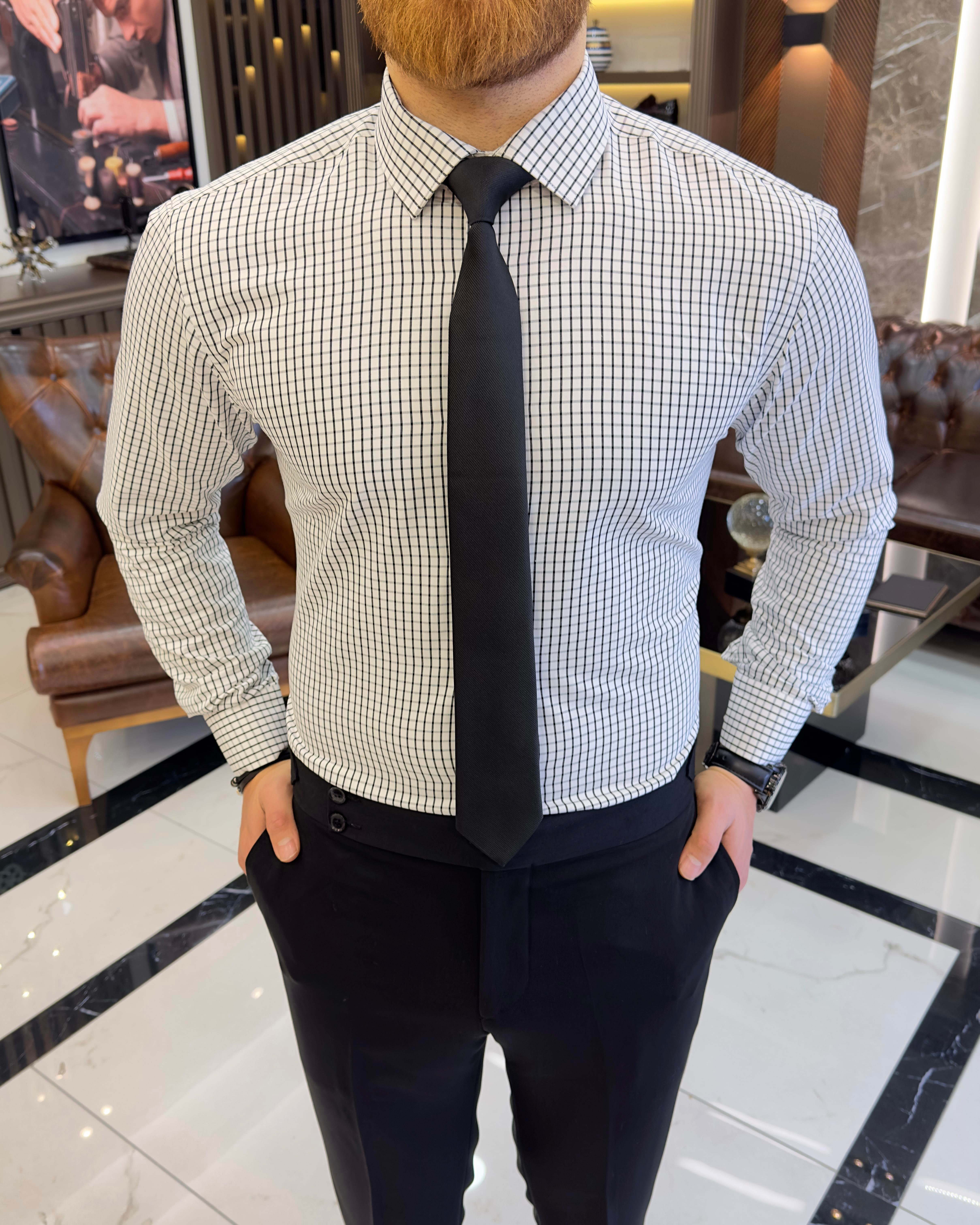 İtalyan stil kareli kravat yaka pamuk erkek gömlek yeşil T11153