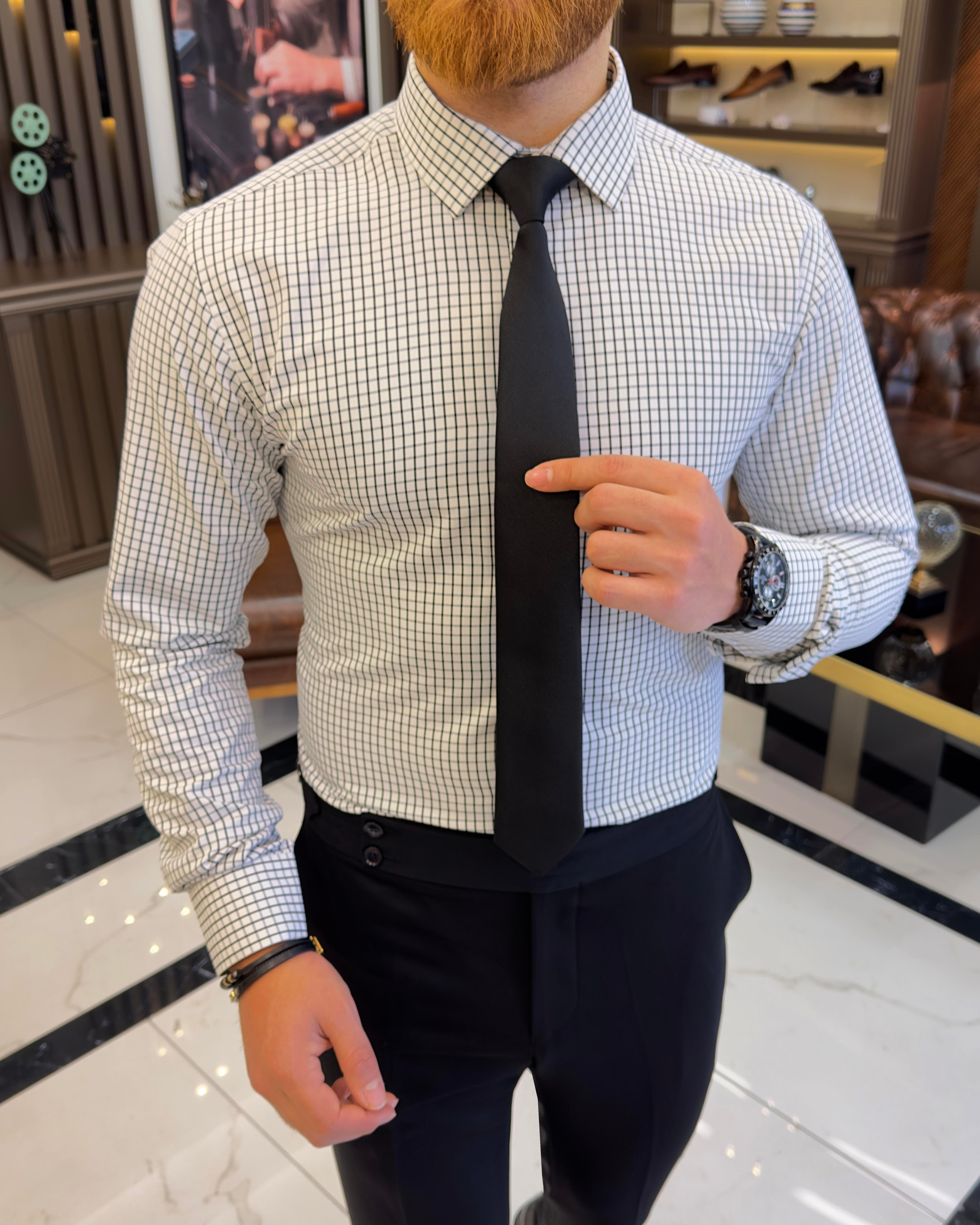 İtalyan stil kareli kravat yaka pamuk erkek gömlek yeşil T11153