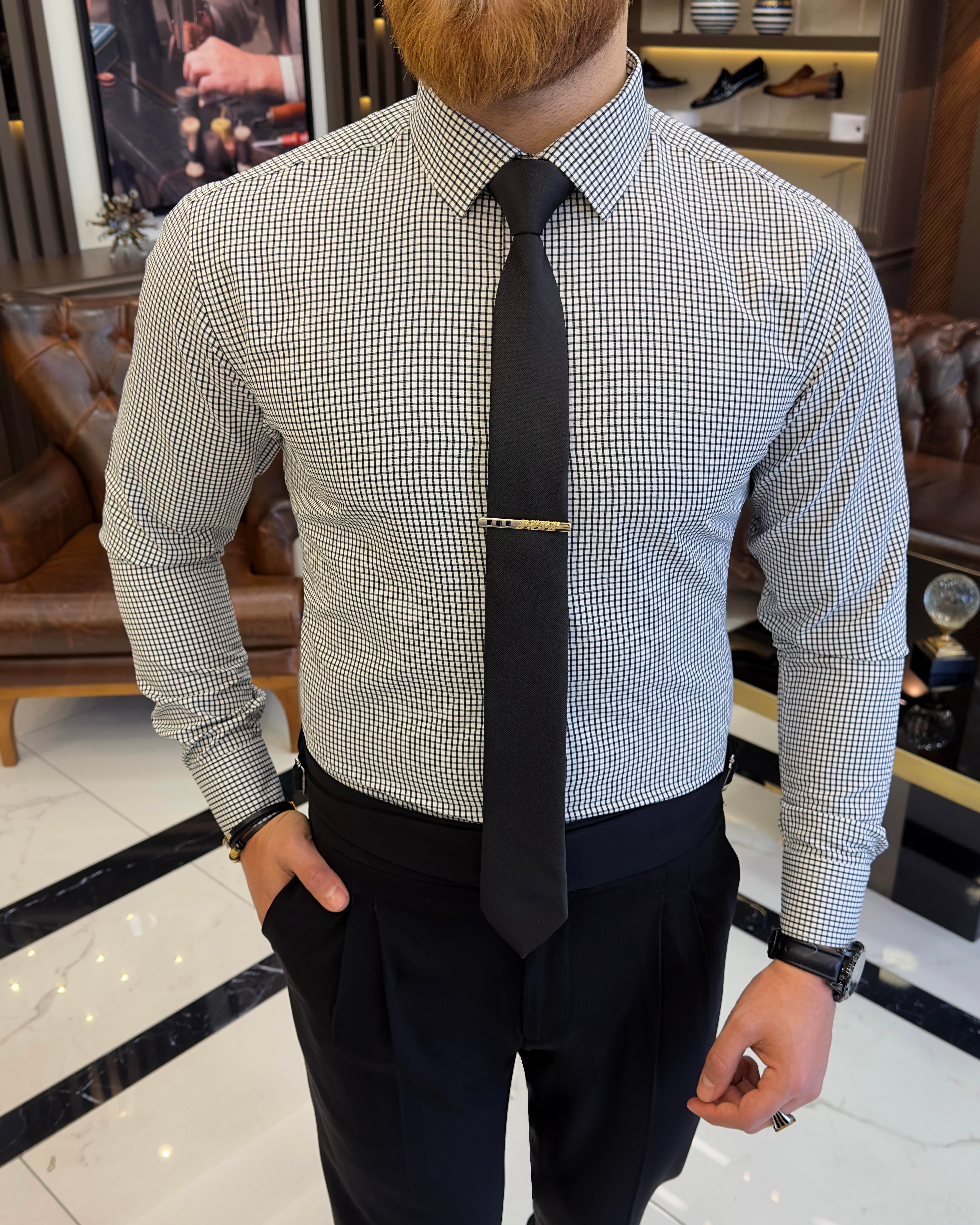 Italian style checkered tie collar cotton men's shirt black T11172