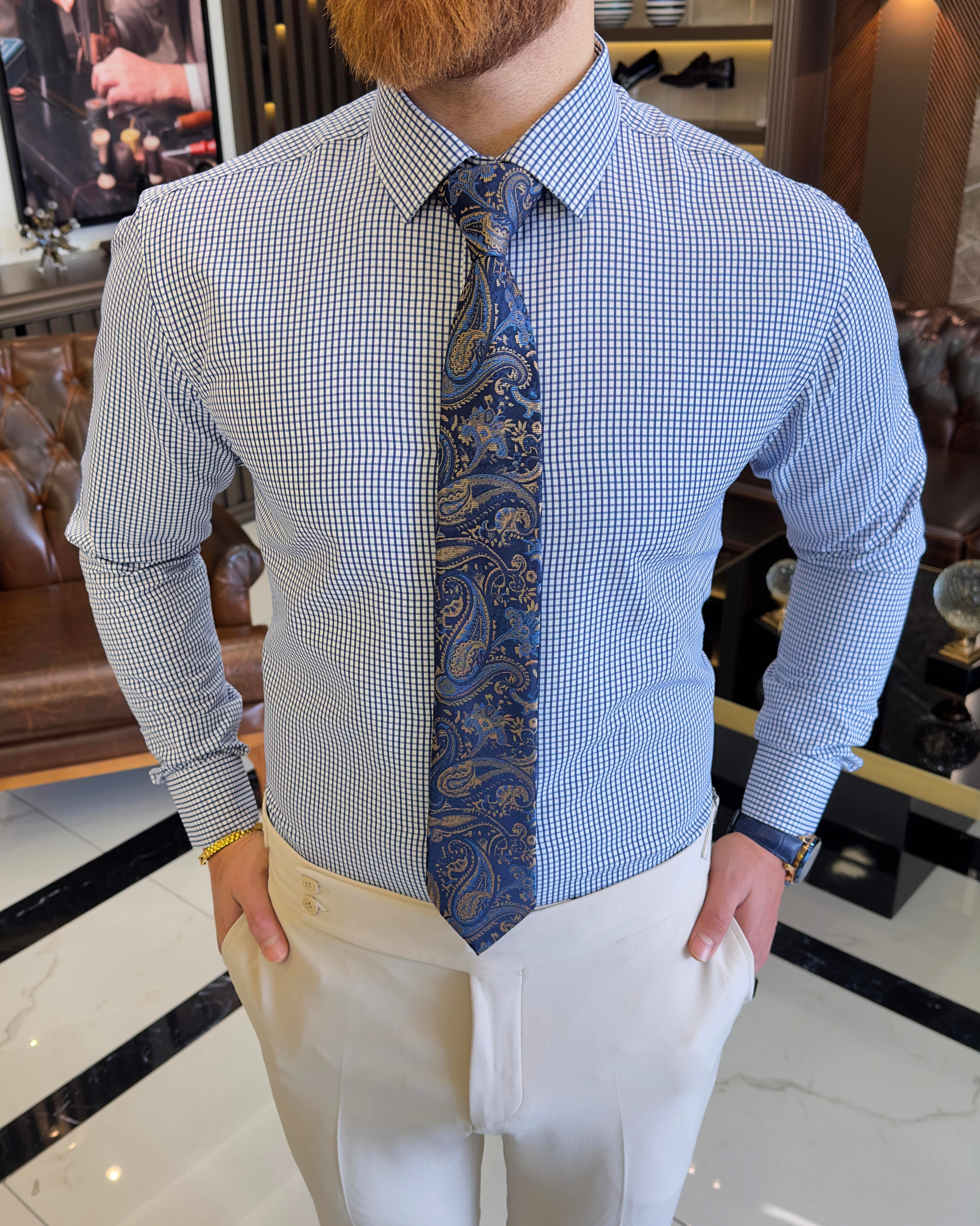 İtalyan stil kareli kravat yaka pamuk erkek gömlek lacivert T11170