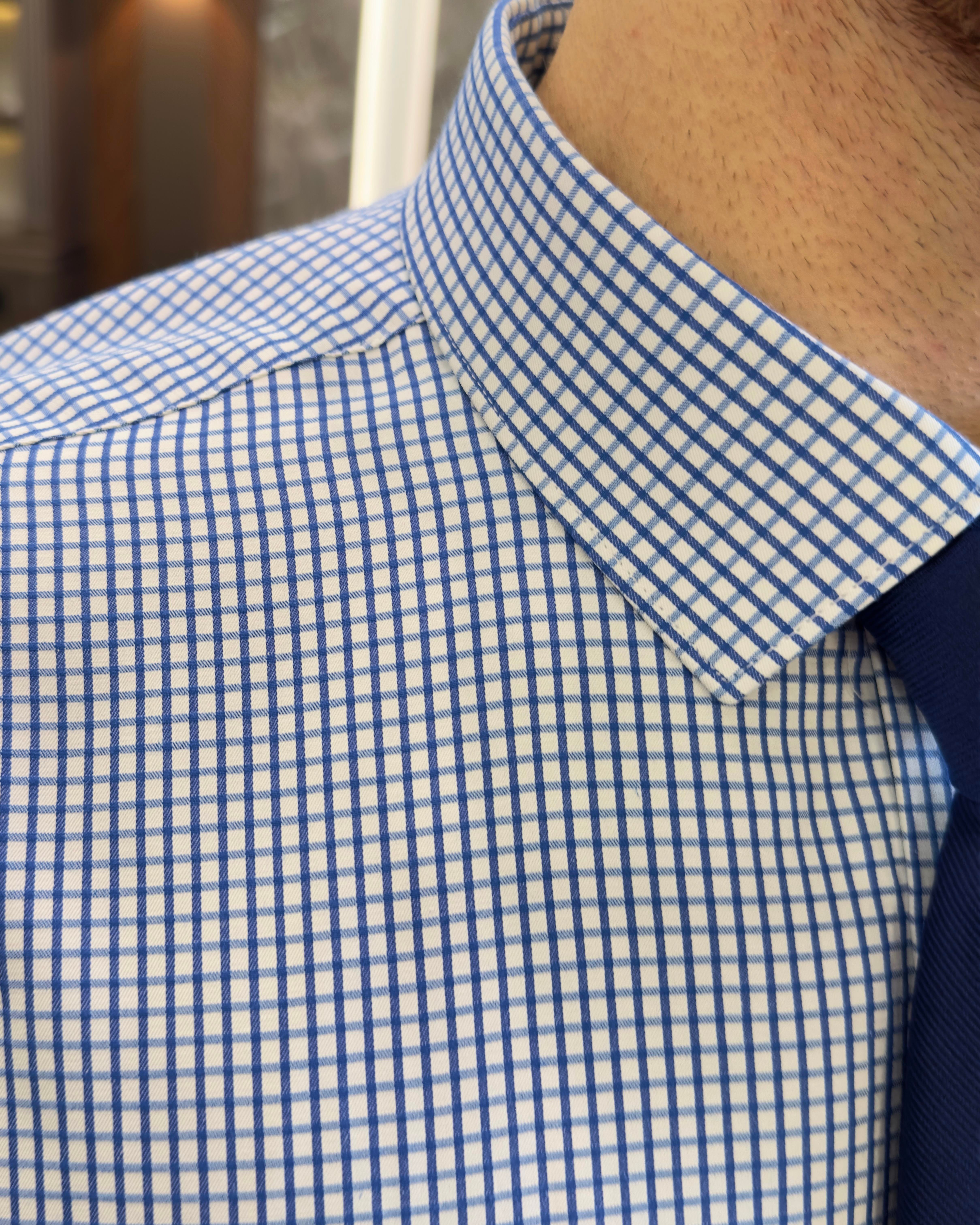 İtalyan stil kareli kravat yaka pamuk erkek gömlek saks T11167