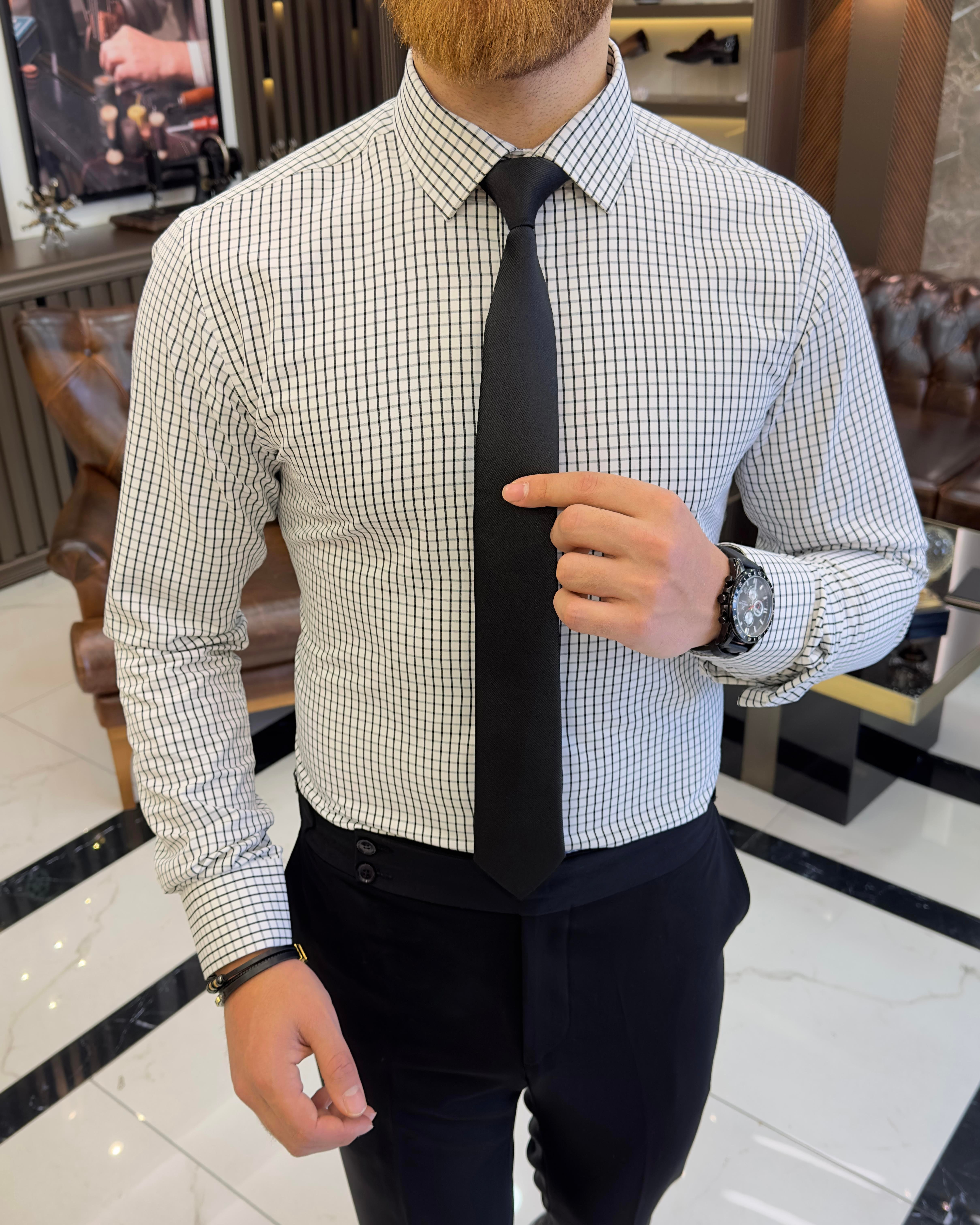 İtalyan stil kareli kravat yaka pamuk erkek gömlek siyah T11152