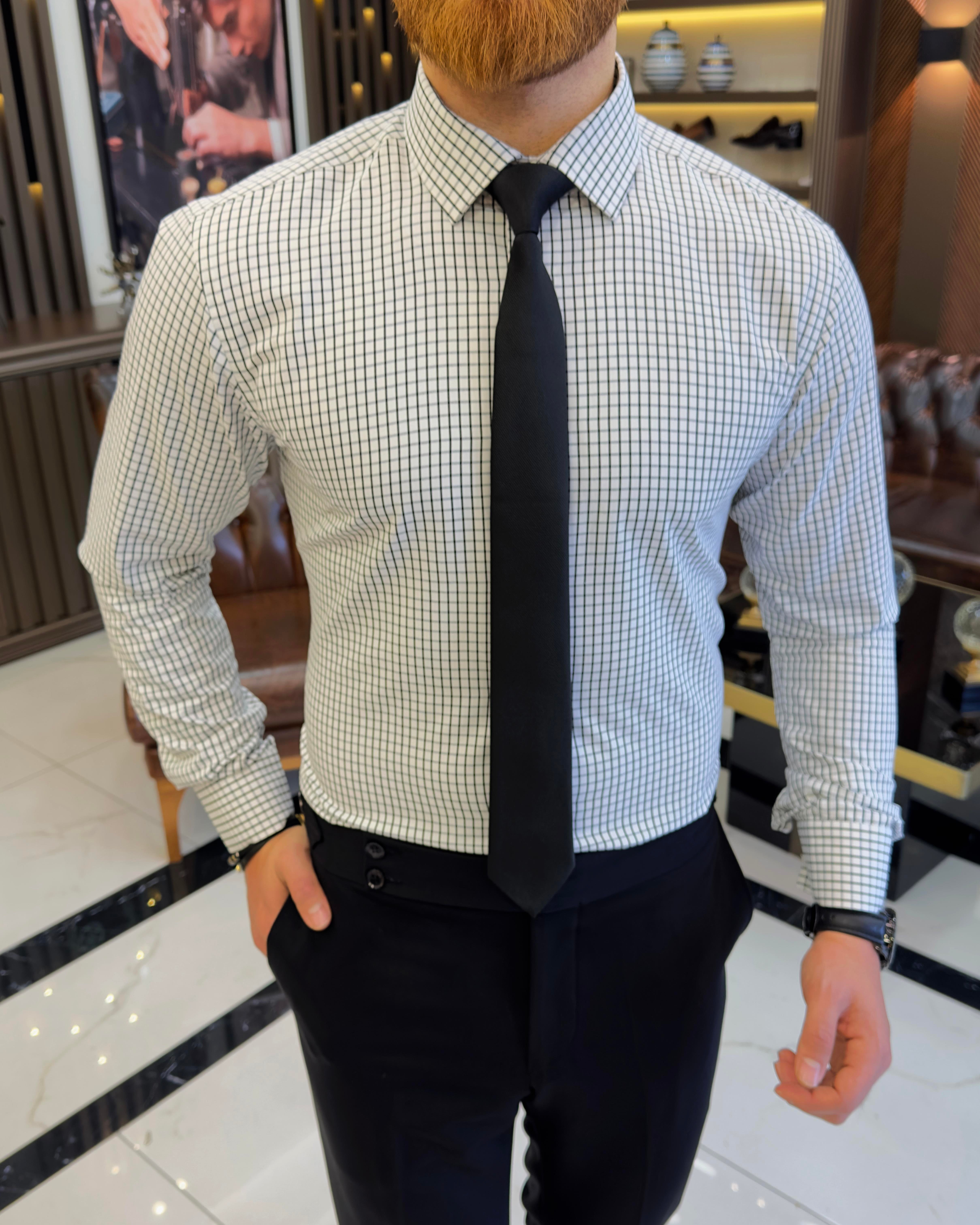 İtalyan stil kareli kravat yaka pamuk erkek gömlek siyah T11152