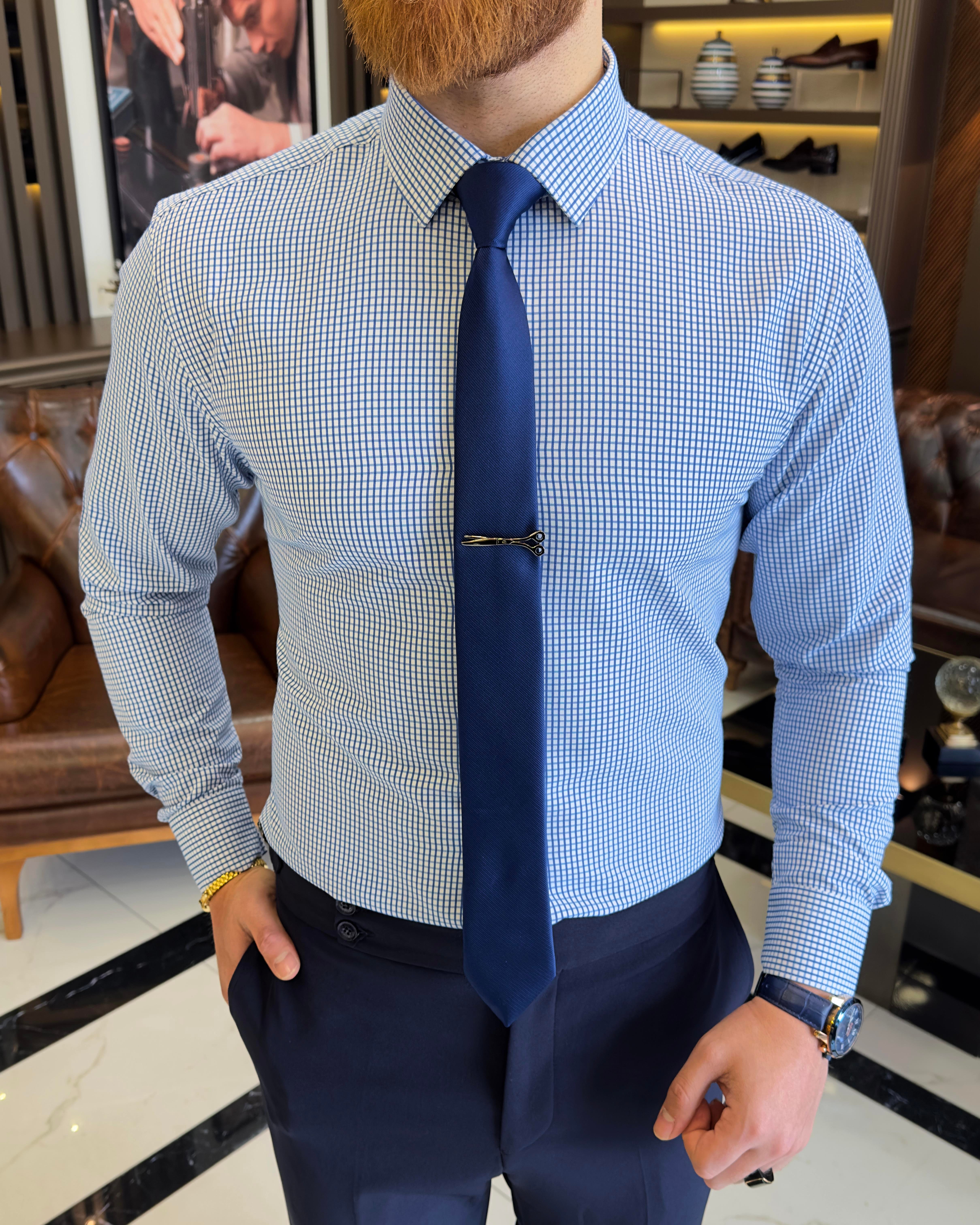 İtalyan stil kareli kravat yaka pamuk erkek gömlek saks T11167