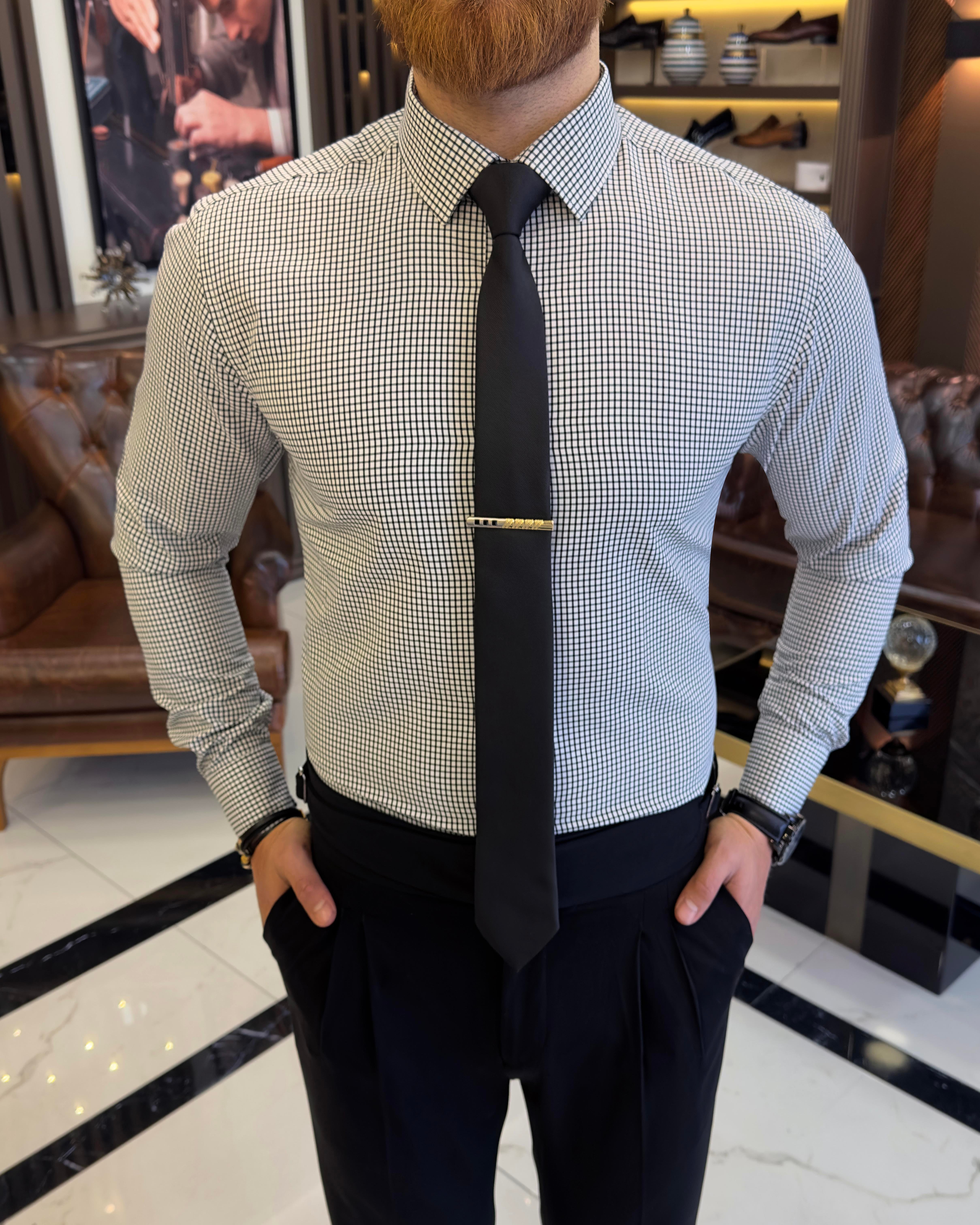 Italian style checkered tie collar cotton men's shirt black T11172
