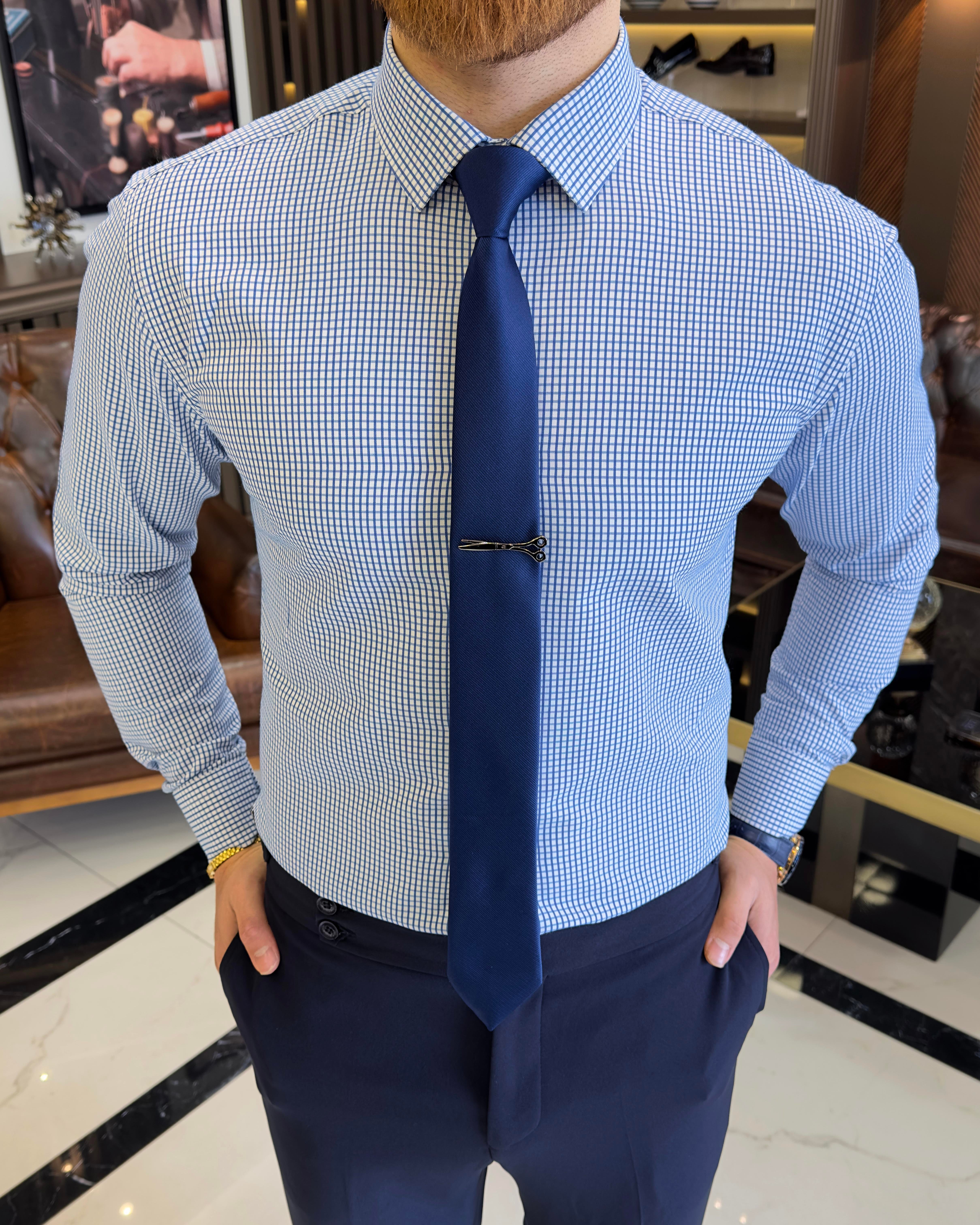 İtalyan stil kareli kravat yaka pamuk erkek gömlek saks T11167