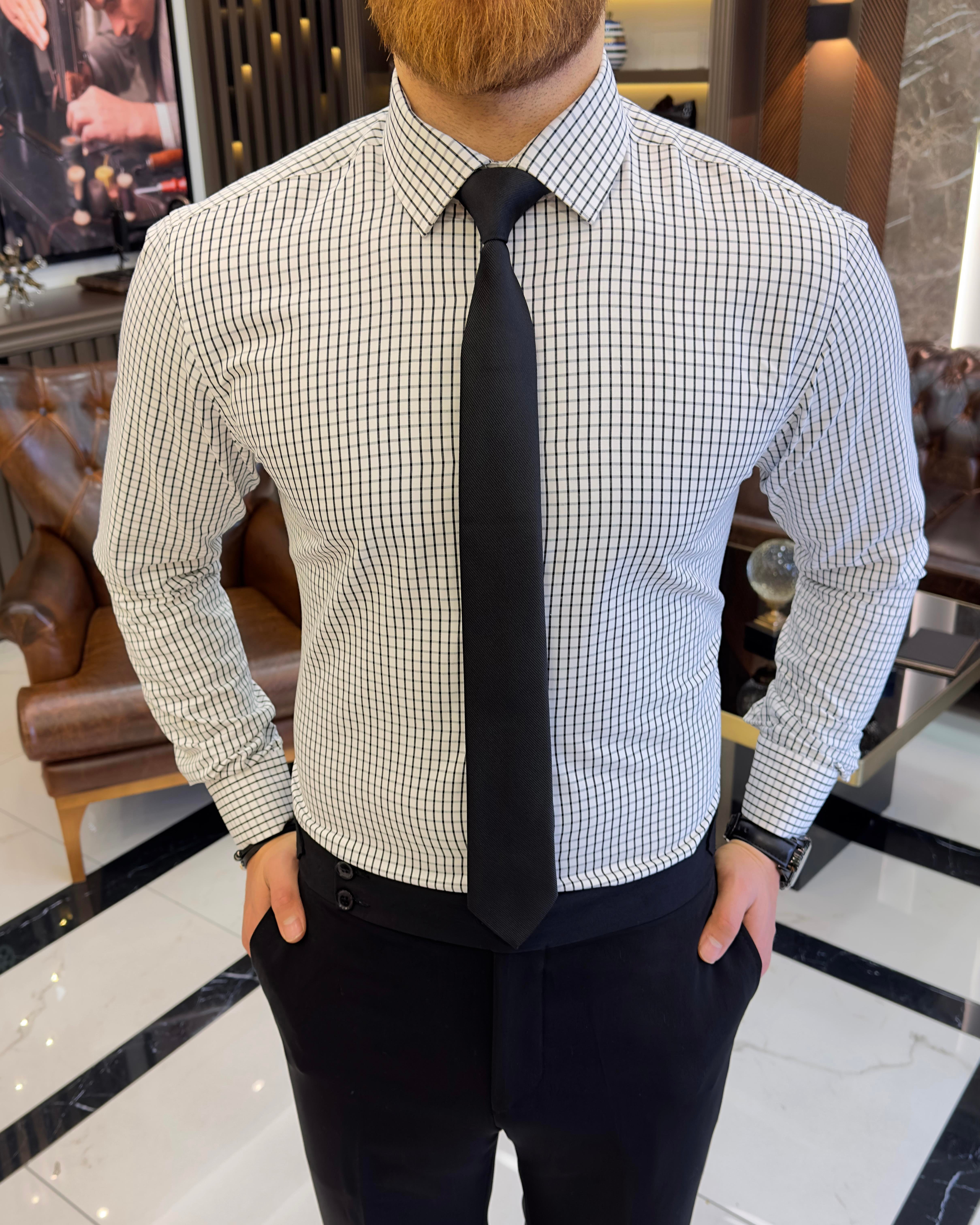 İtalyan stil kareli kravat yaka pamuk erkek gömlek siyah T11152