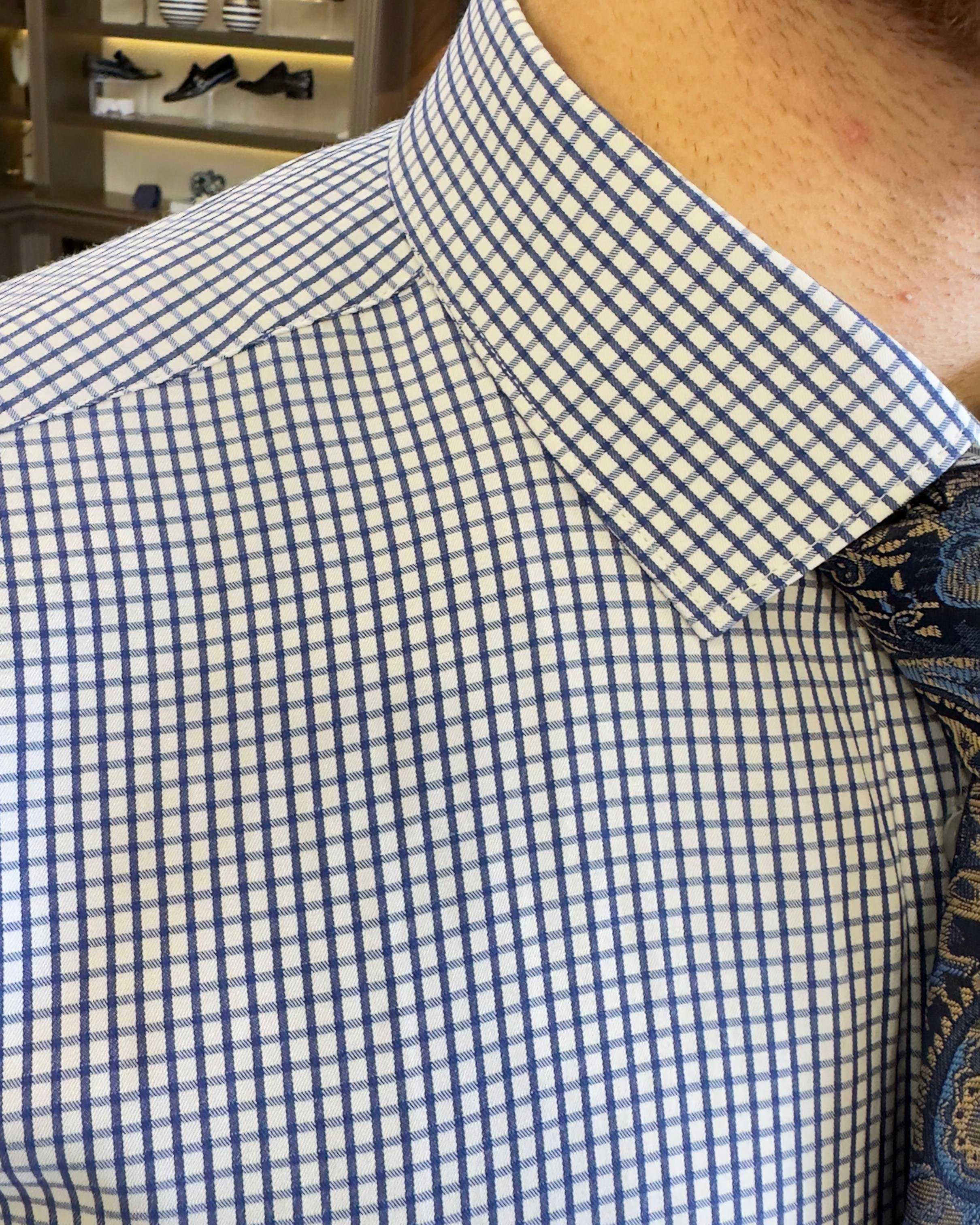 İtalyan stil kareli kravat yaka pamuk erkek gömlek lacivert T11170