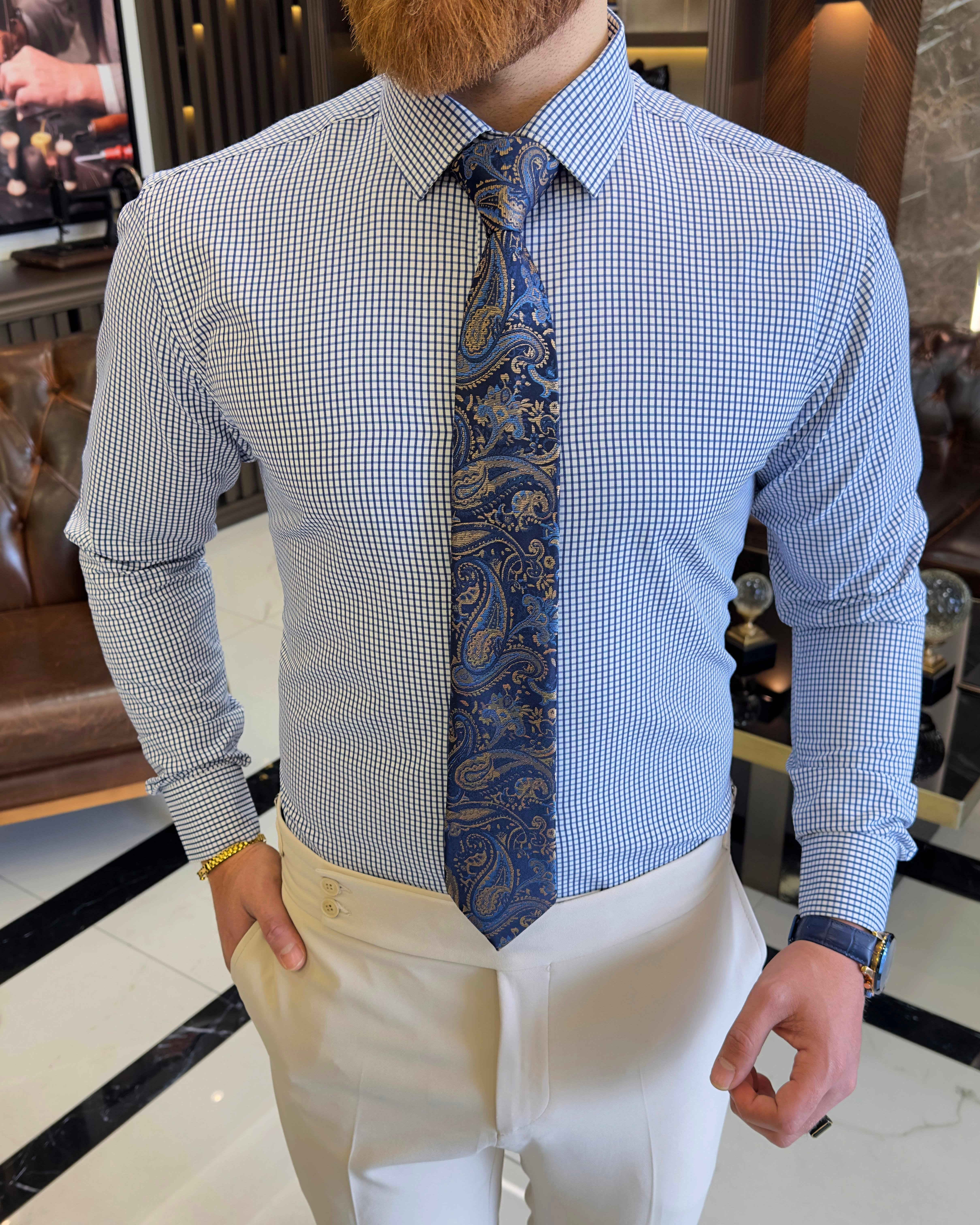 İtalyan stil kareli kravat yaka pamuk erkek gömlek lacivert T11170