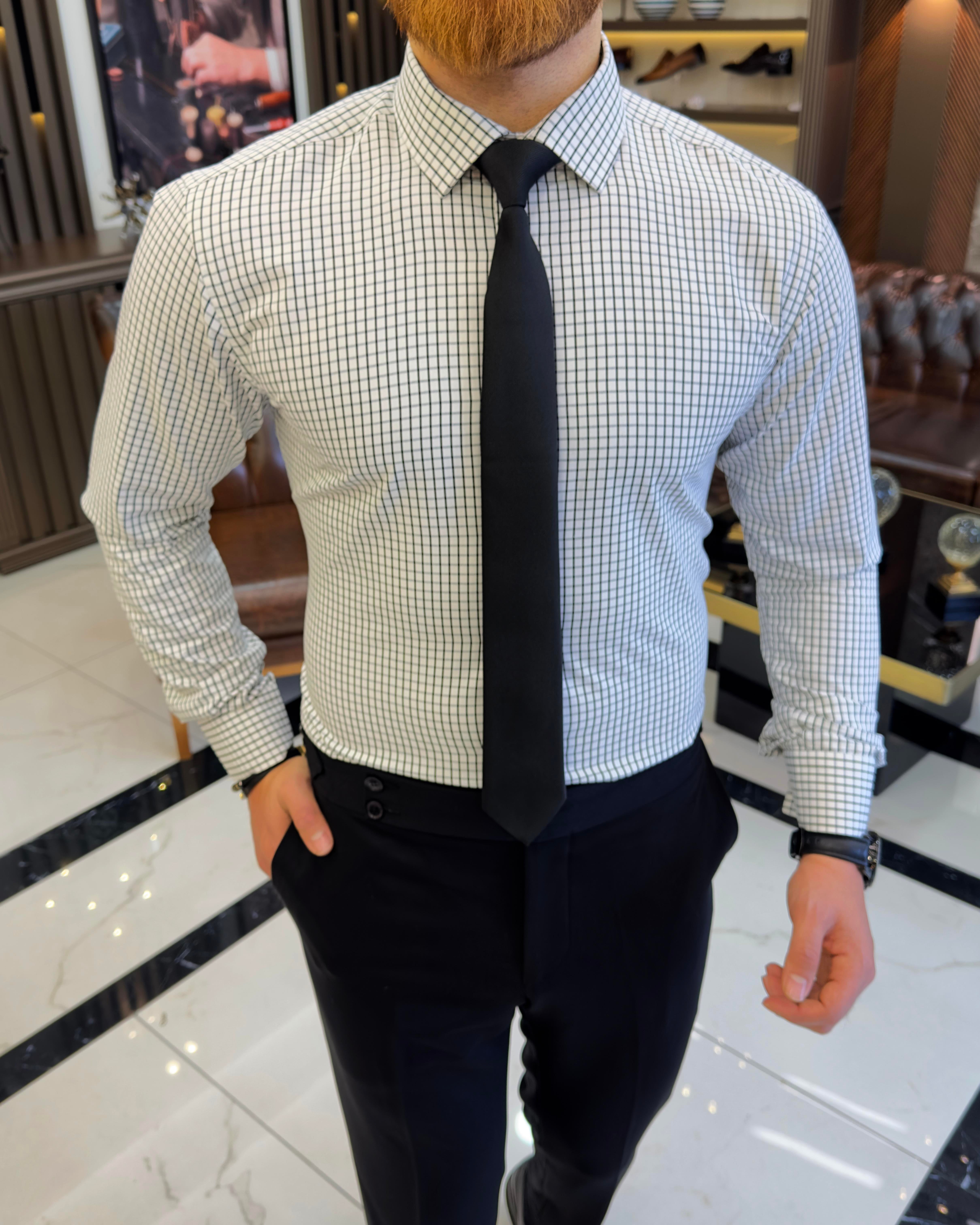 İtalyan stil kareli kravat yaka pamuk erkek gömlek yeşil T11153