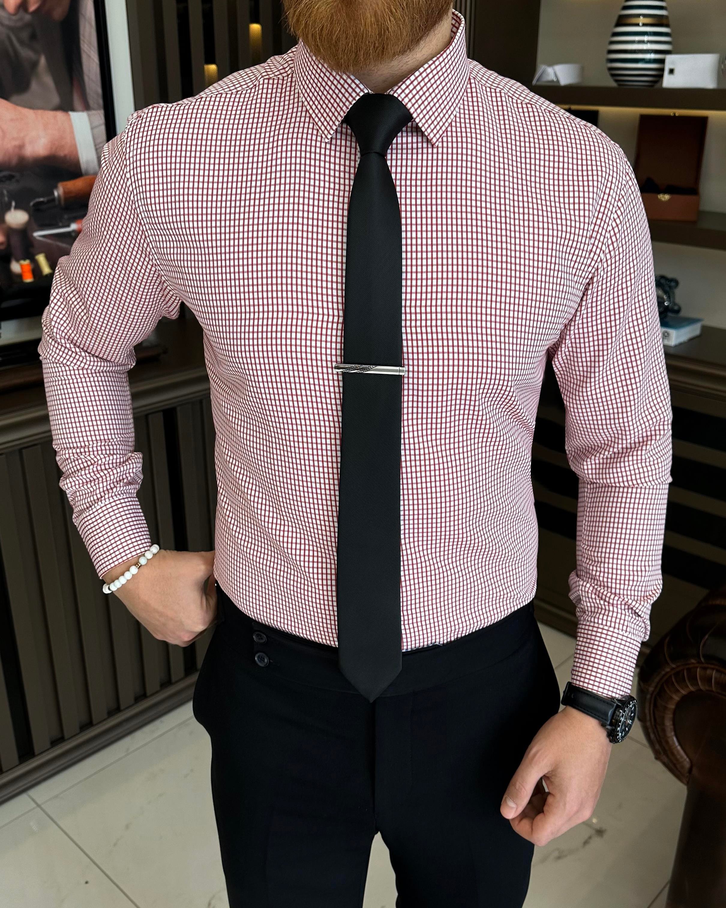İtalyan stil kareli kravat yaka pamuk erkek gömlek bordo T11169