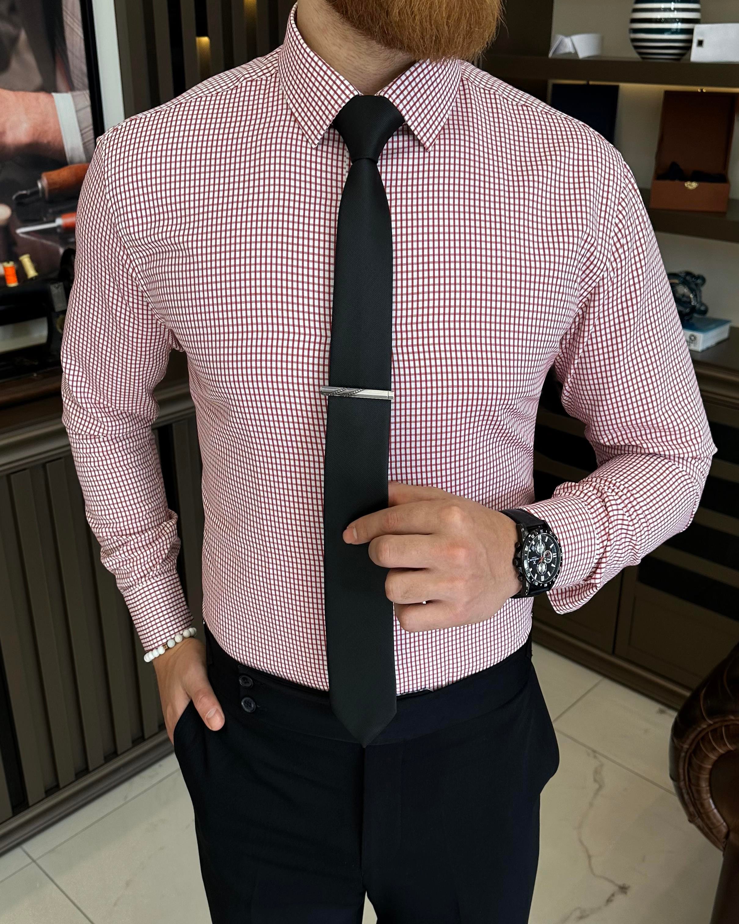 İtalyan stil kareli kravat yaka pamuk erkek gömlek bordo T11169