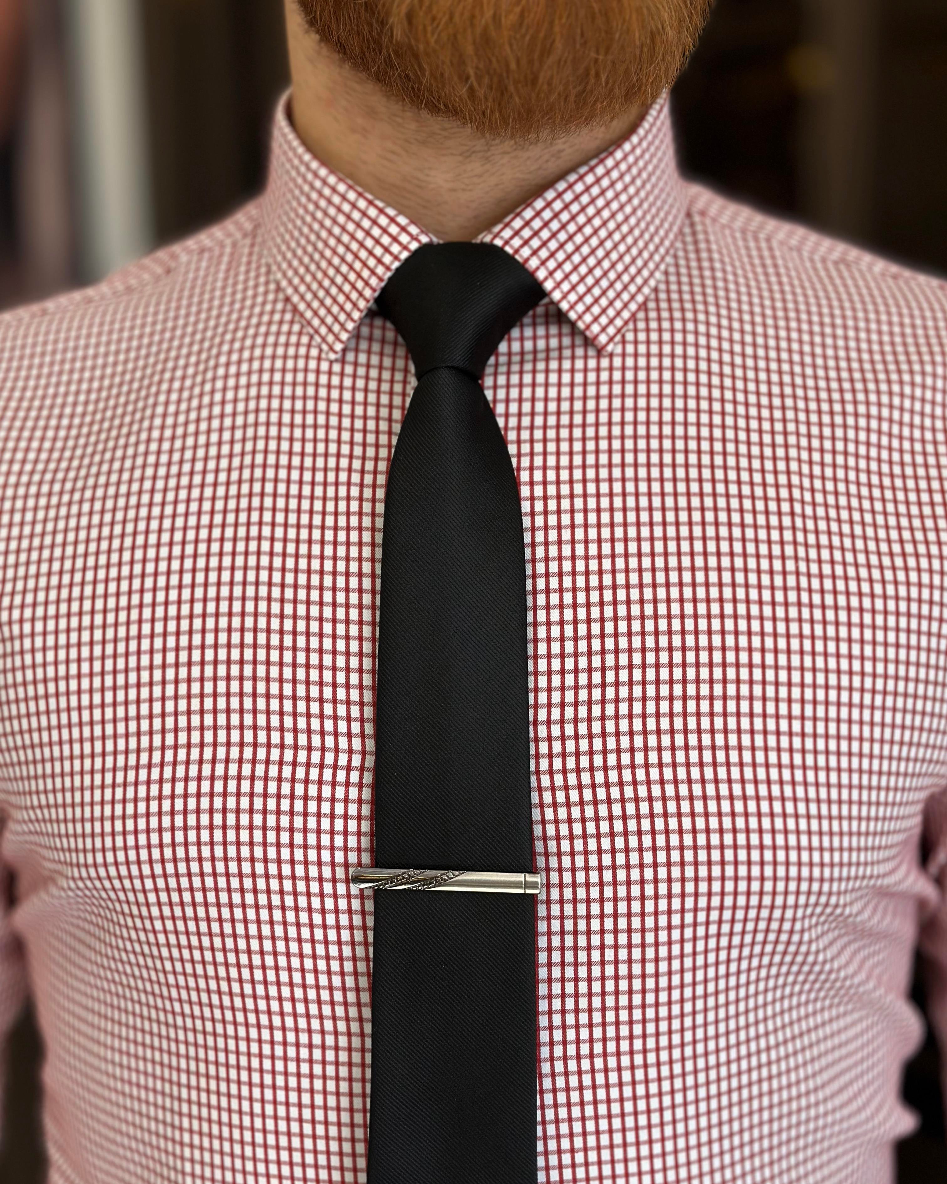 İtalyan stil kareli kravat yaka pamuk erkek gömlek bordo T11169