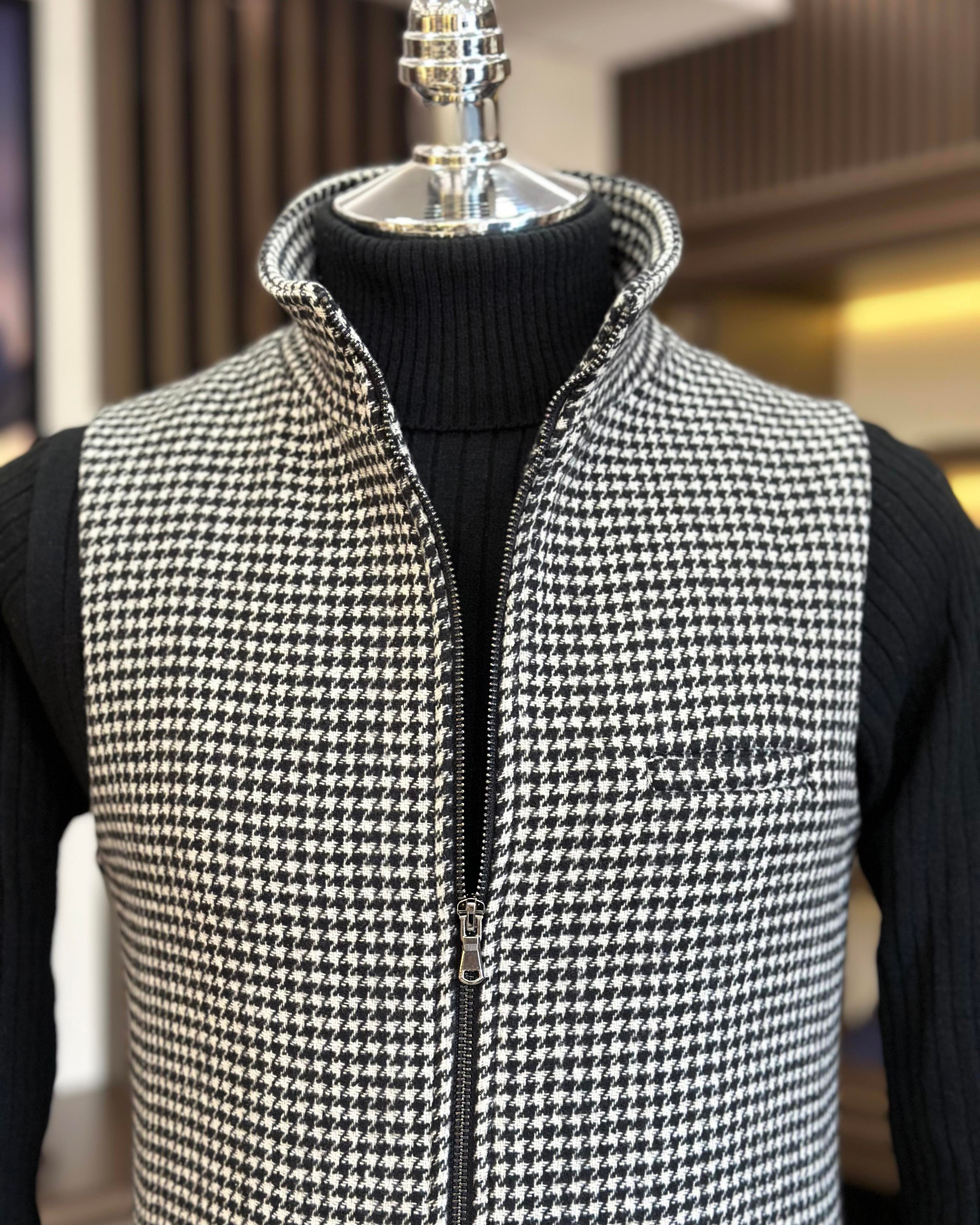 Italian style houndstooth pattern crew neck zipper pocket vest black T10469