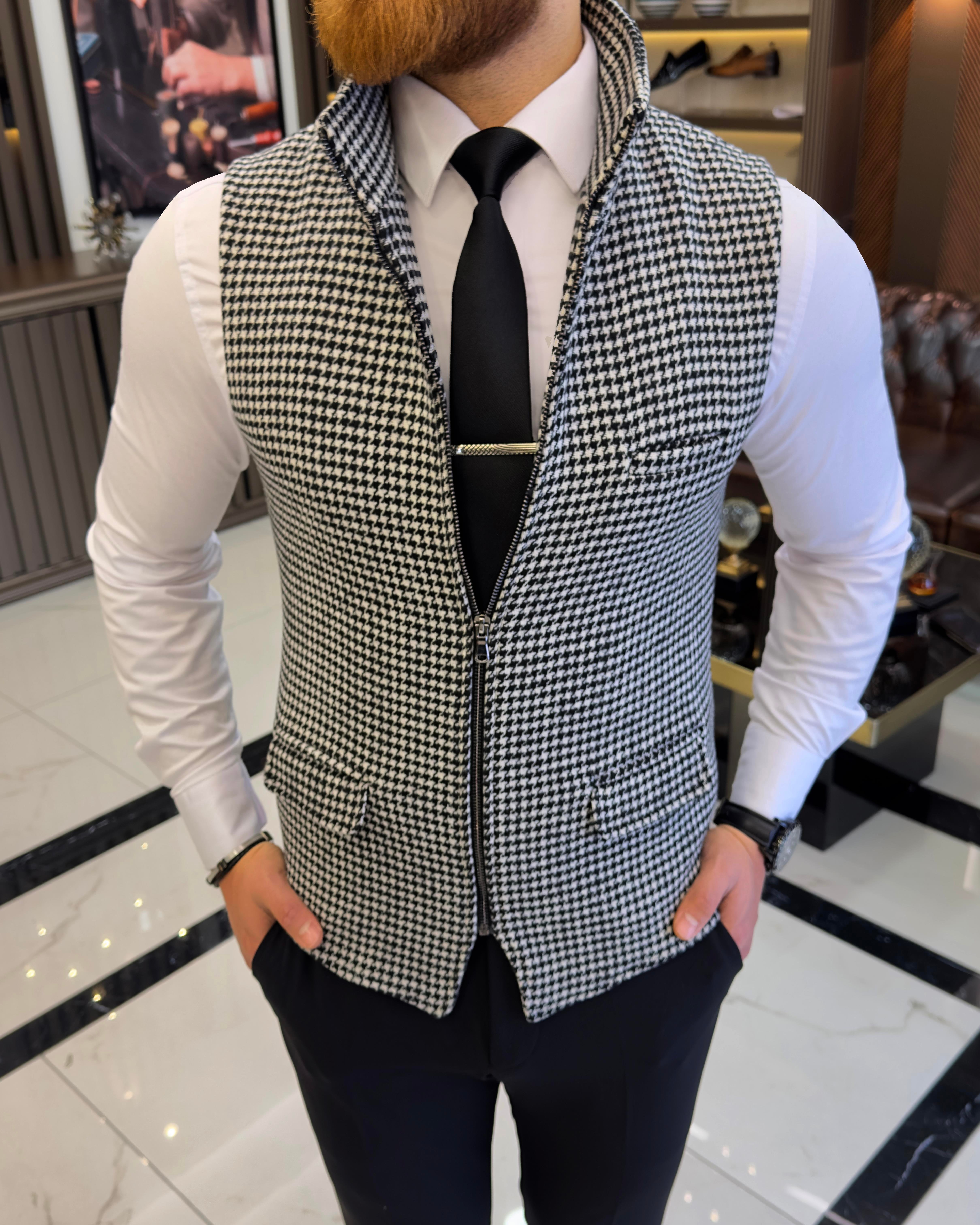 Italian style houndstooth pattern crew neck zipper pocket vest black T10469