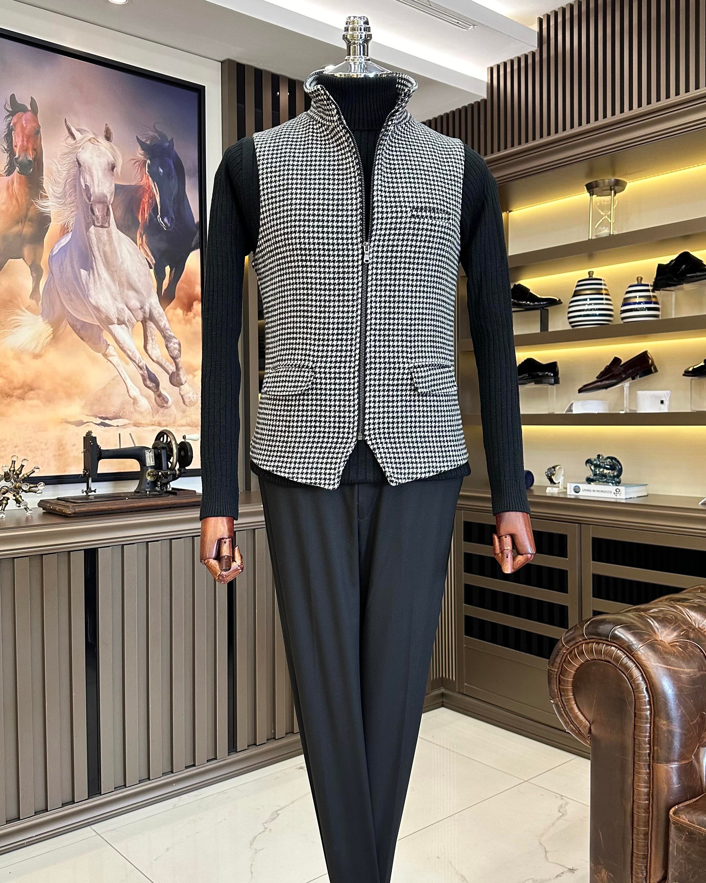 Italian style houndstooth pattern crew neck zipper pocket vest black T10469