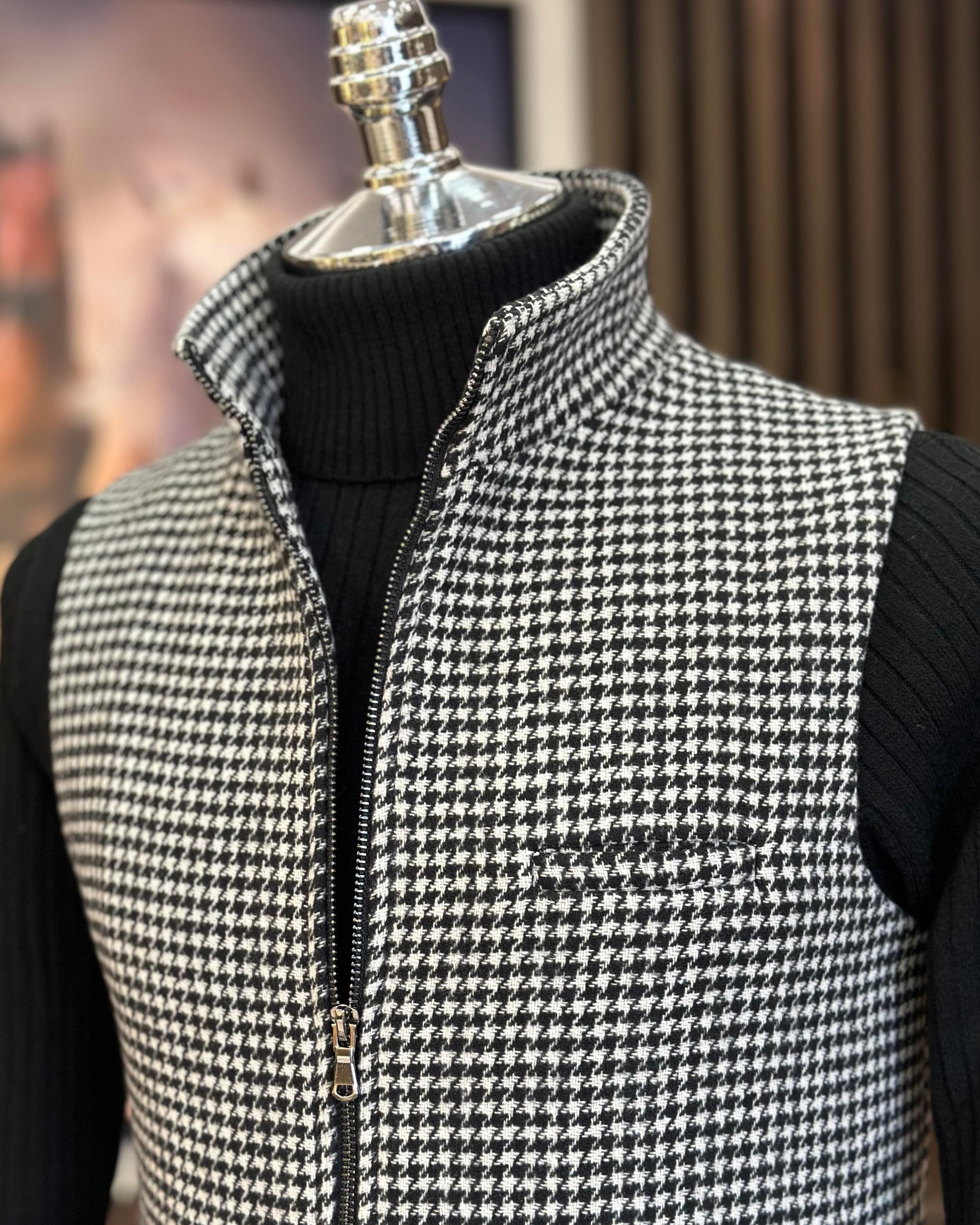 Italian style houndstooth pattern crew neck zipper pocket vest black T10469