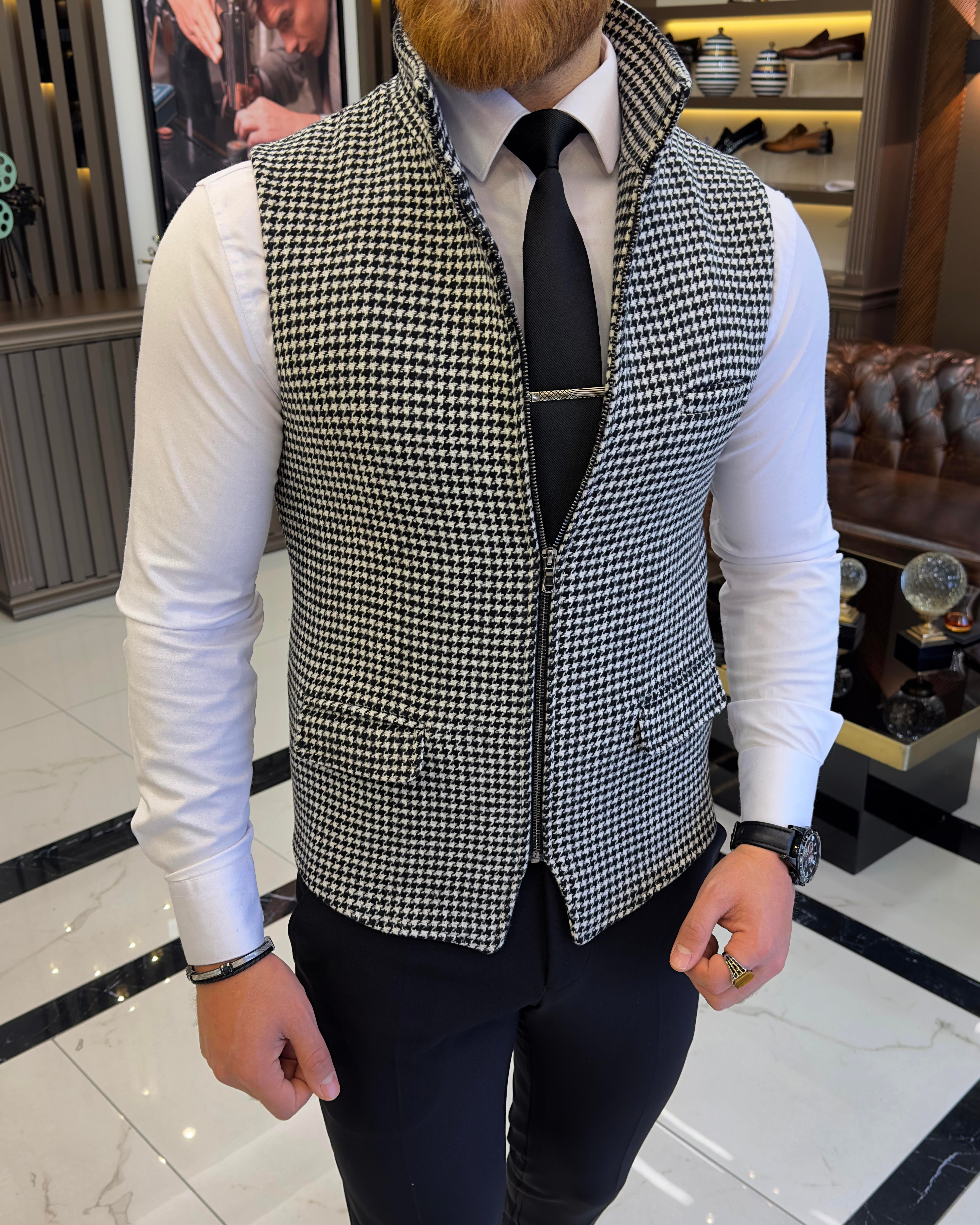 Italian style houndstooth pattern crew neck zipper pocket vest black T10469
