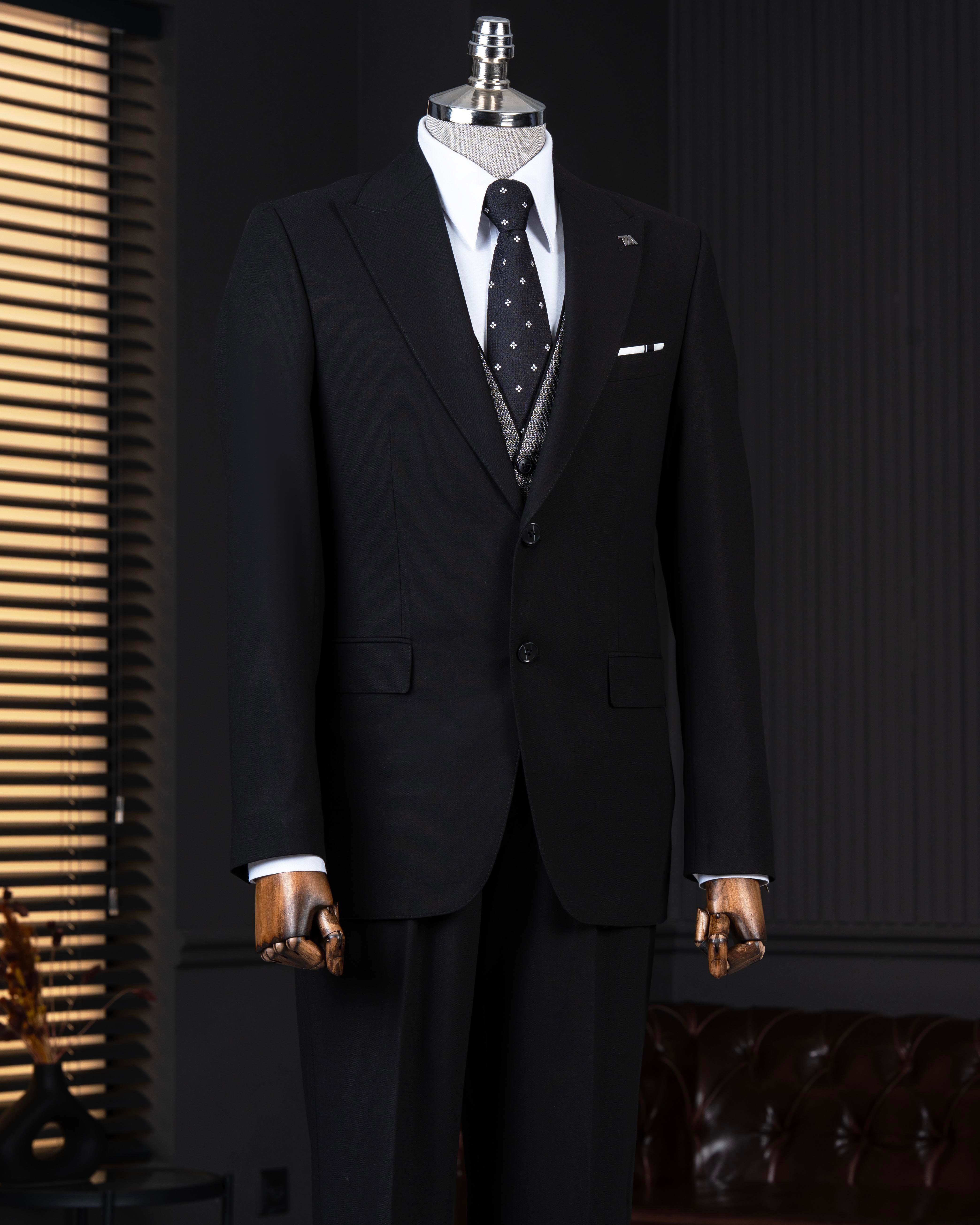 İtalyan stil kombin takım elbise ceket yelek pantalon siyah T14039