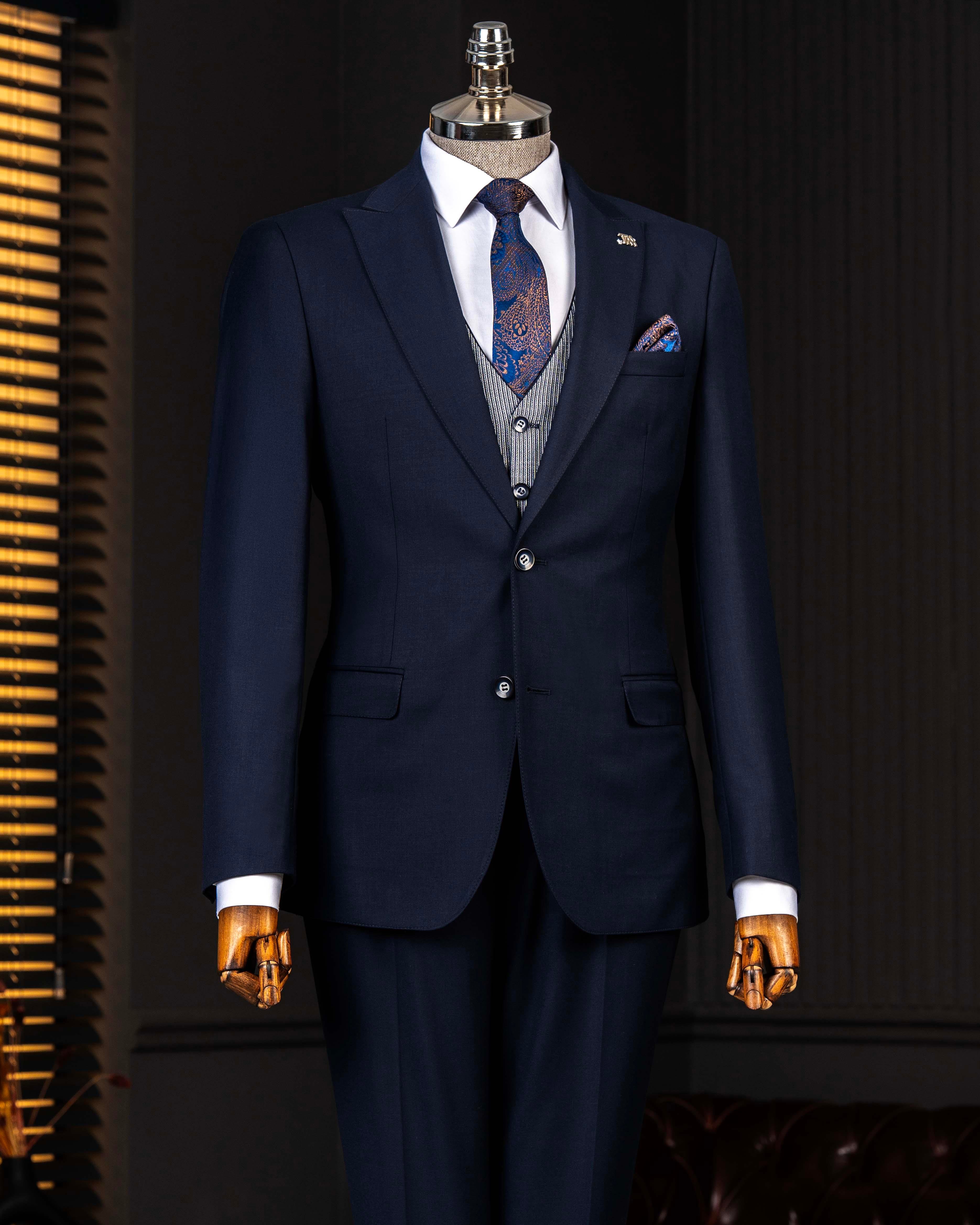 İtalyan stil kombin takım elbise ceket yelek pantalon lacivert T14354