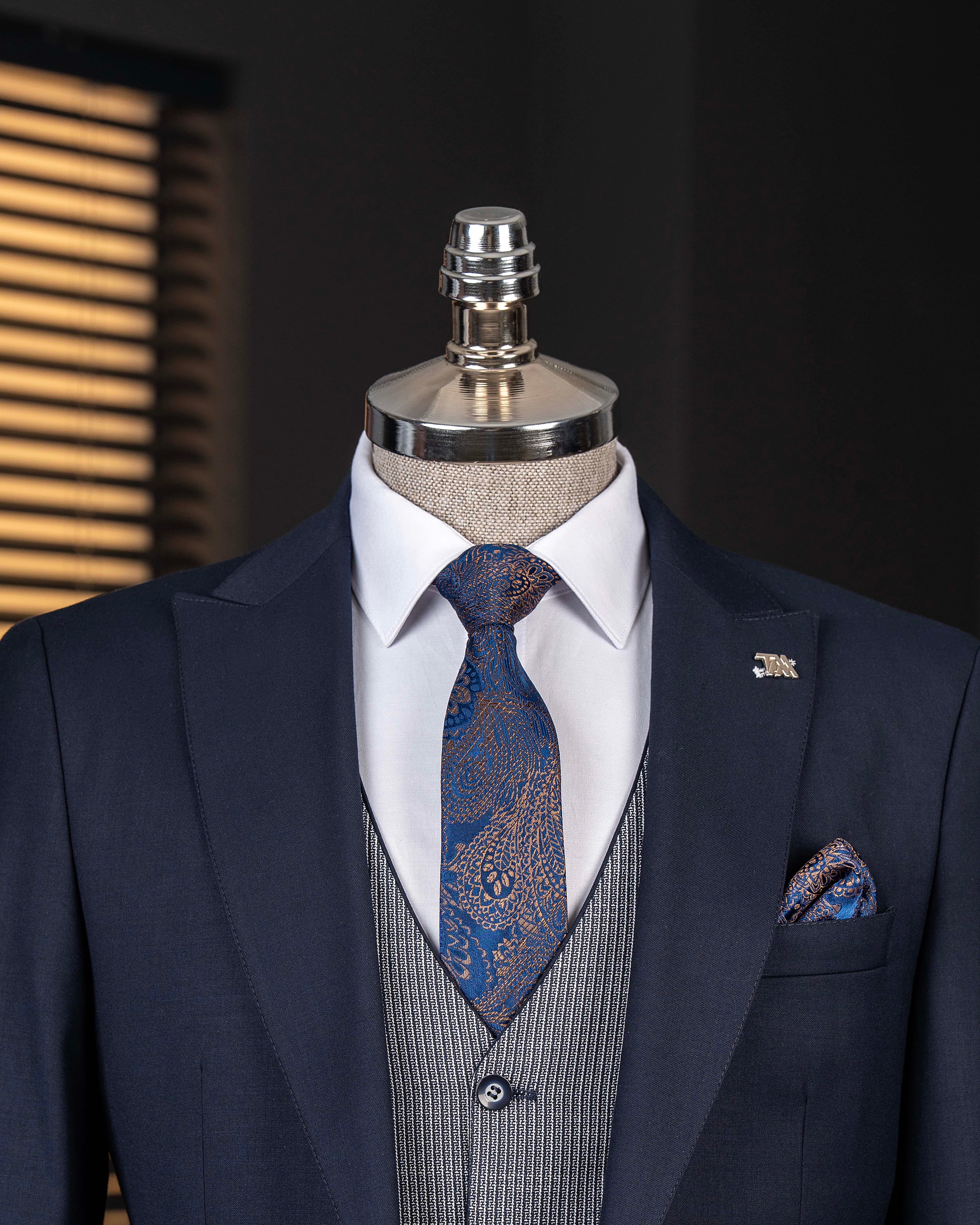 İtalyan stil kombin takım elbise ceket yelek pantalon lacivert T14354