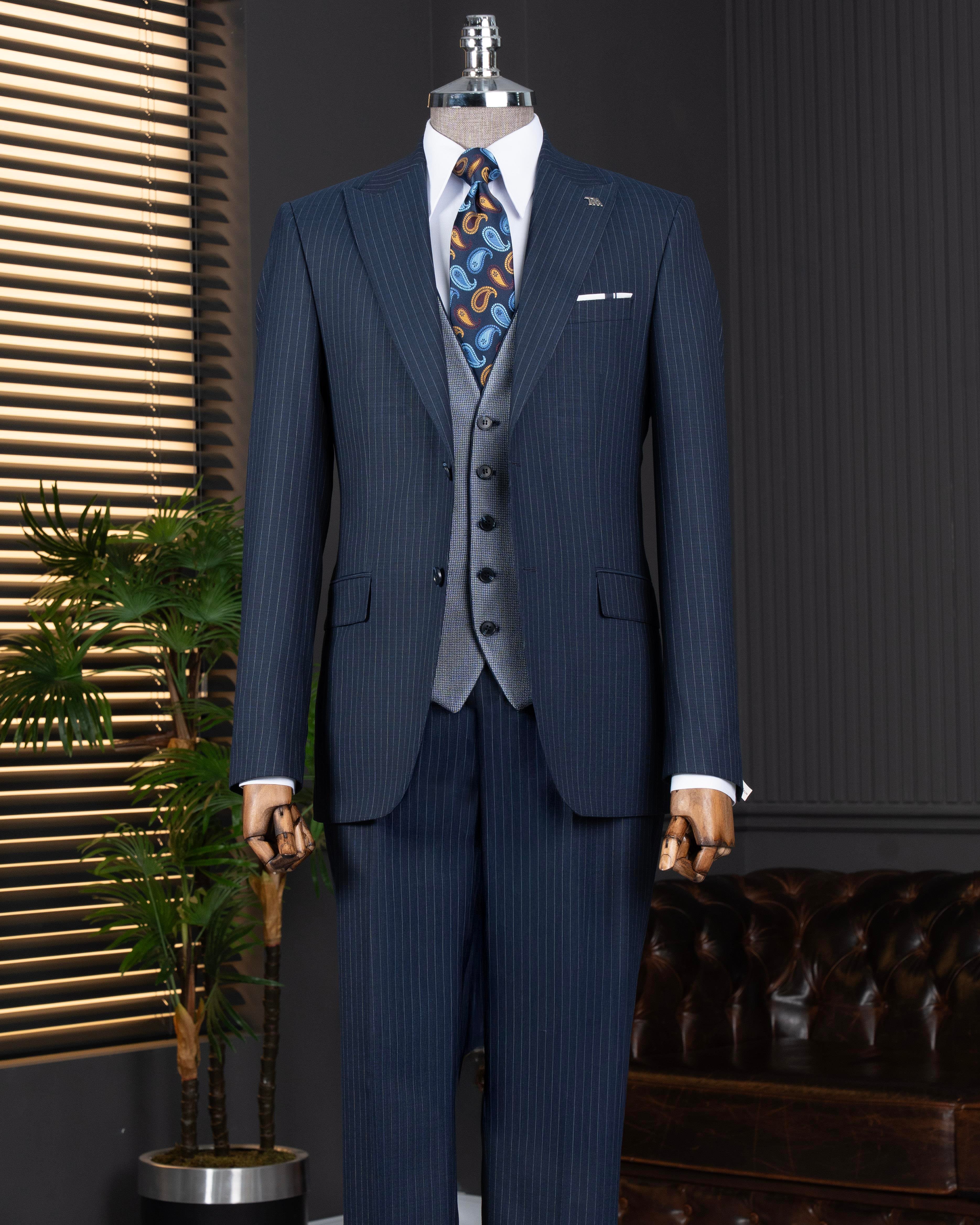 İtalyan stil kombin takım elbise ceket yelek pantalon lacivert T14042