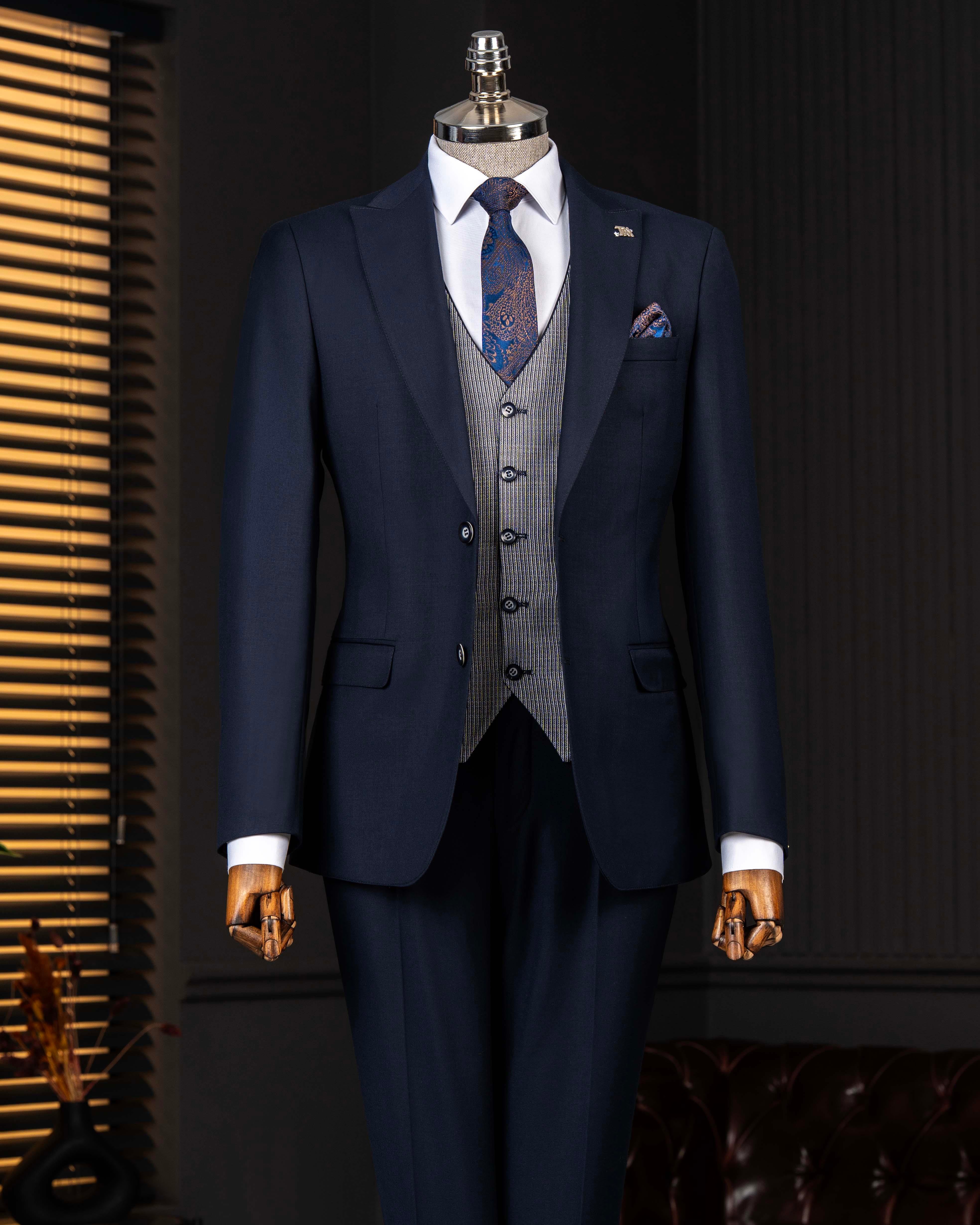 İtalyan stil kombin takım elbise ceket yelek pantalon lacivert T14354
