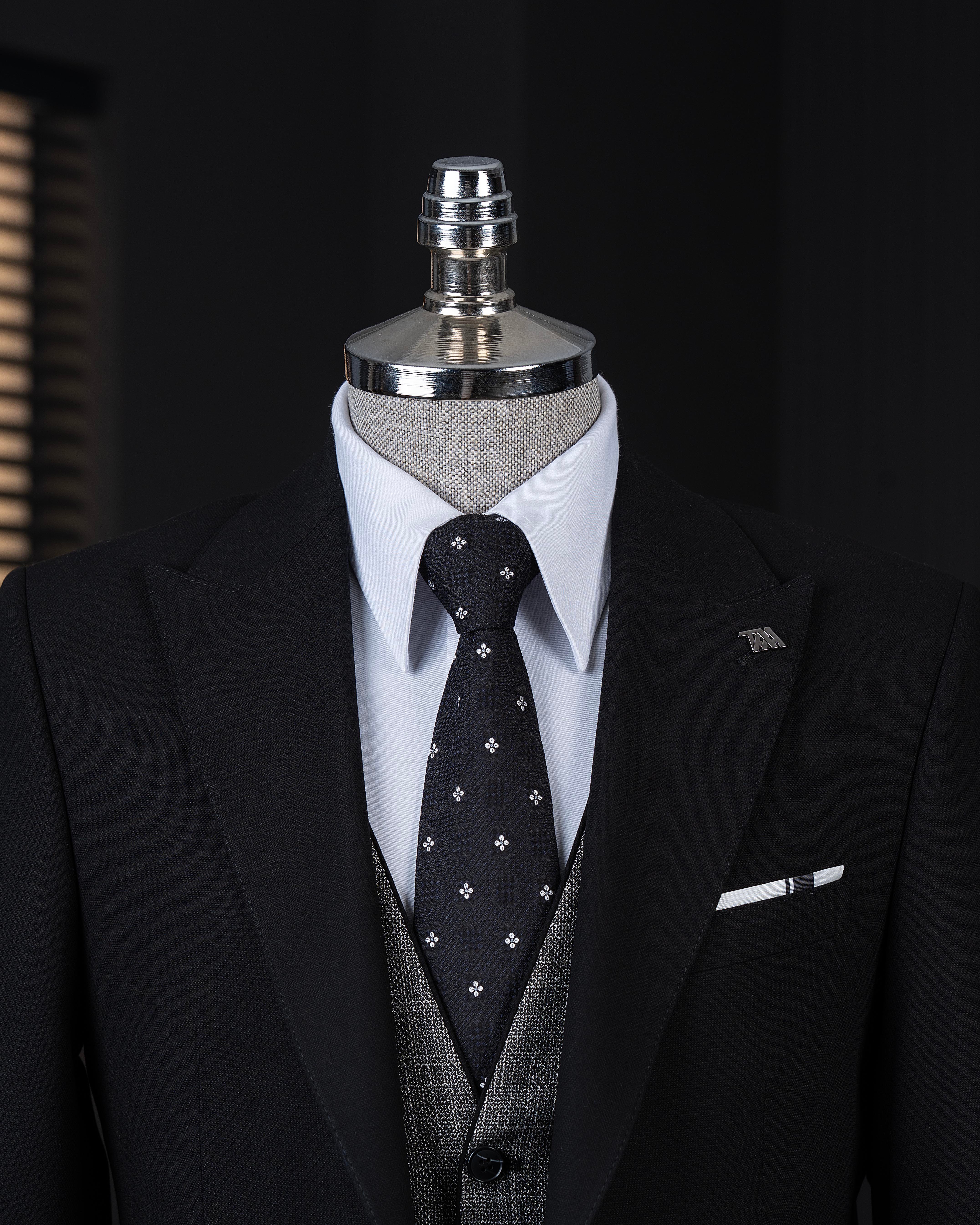 İtalyan stil kombin takım elbise ceket yelek pantalon siyah T14039