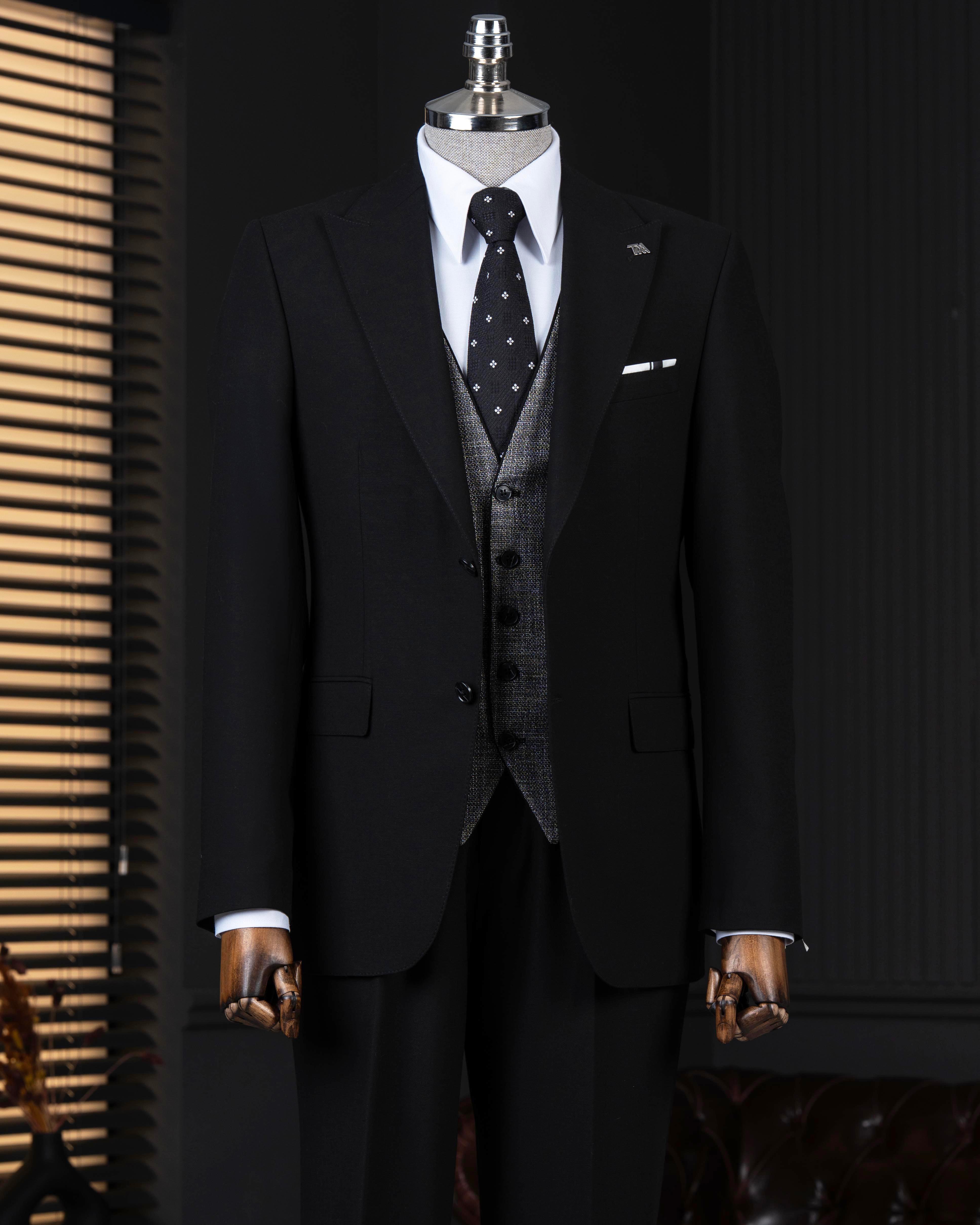 İtalyan stil kombin takım elbise ceket yelek pantalon siyah T14039