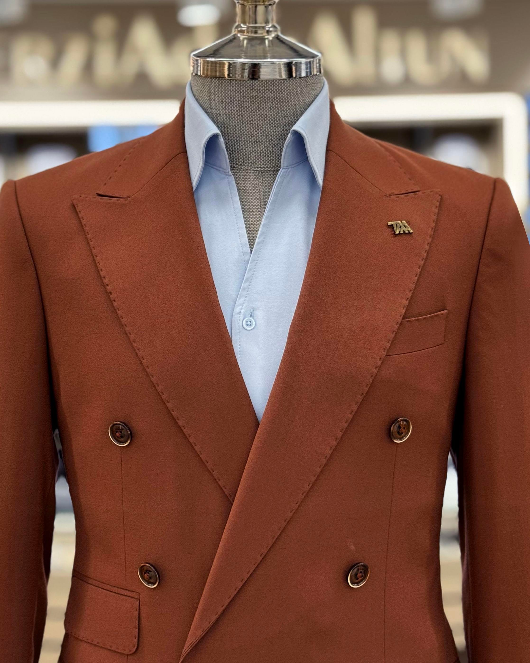 İtalyan stil kruvaze ceket pantolon erkek takım elbise kiremit T11094