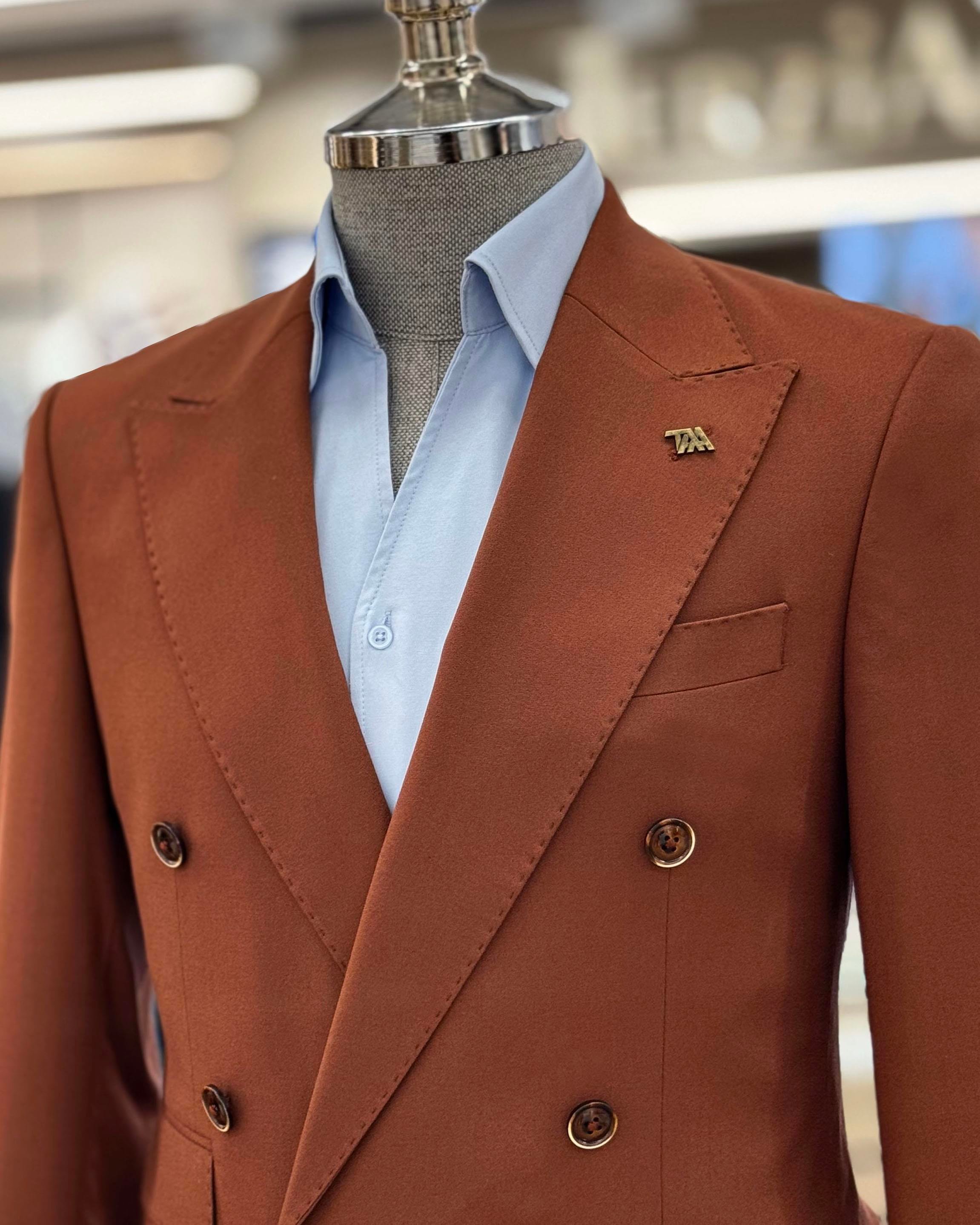 İtalyan stil kruvaze ceket pantolon erkek takım elbise kiremit T11094
