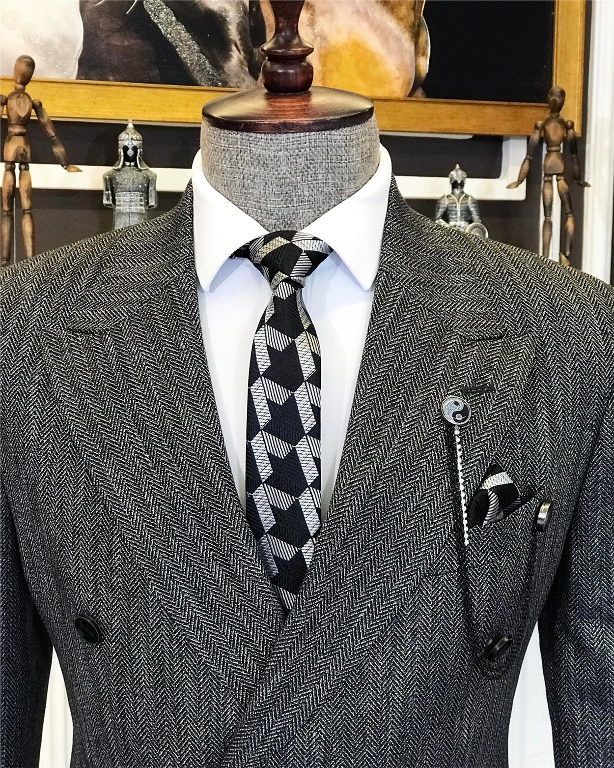 İtalyan stil kruvaze ceket pantolon takım elbise Siyah T6755