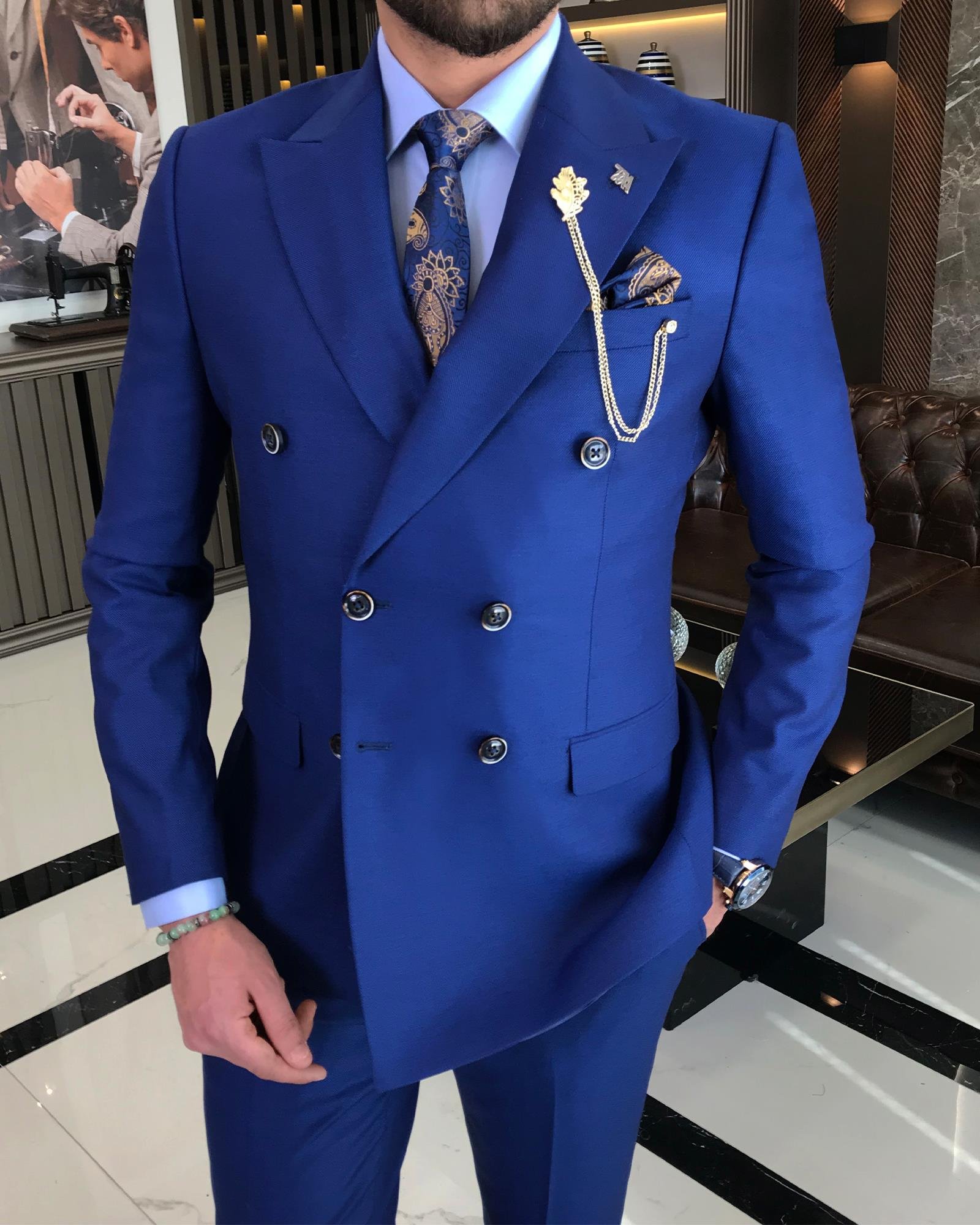 İtalyan stil kruvaze ceket pantolon takım elbise Saks T8606