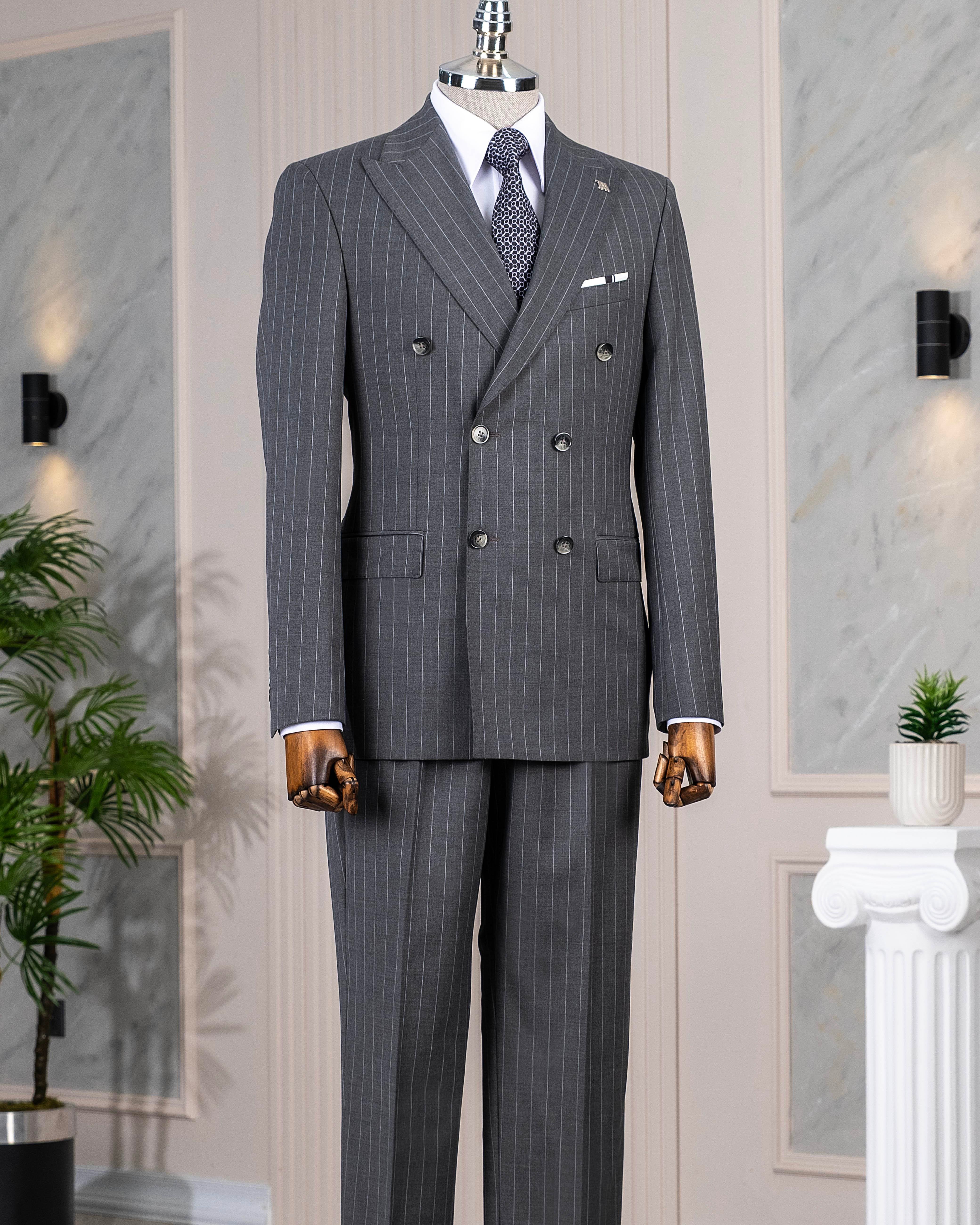 İtalyan stil kruvaze ceket pantolon takım elbise %44 yünlü gri T14324