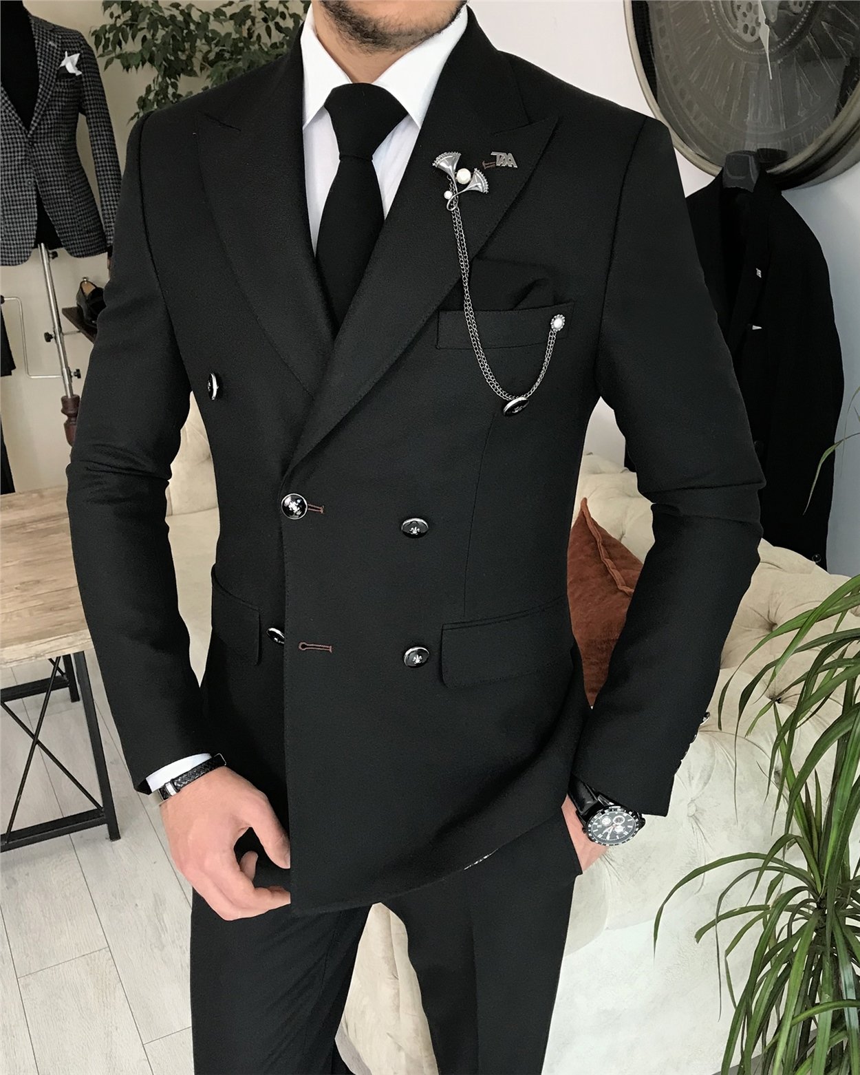 İtalyan stil kruvaze ceket pantolon takım elbise Siyah T8349