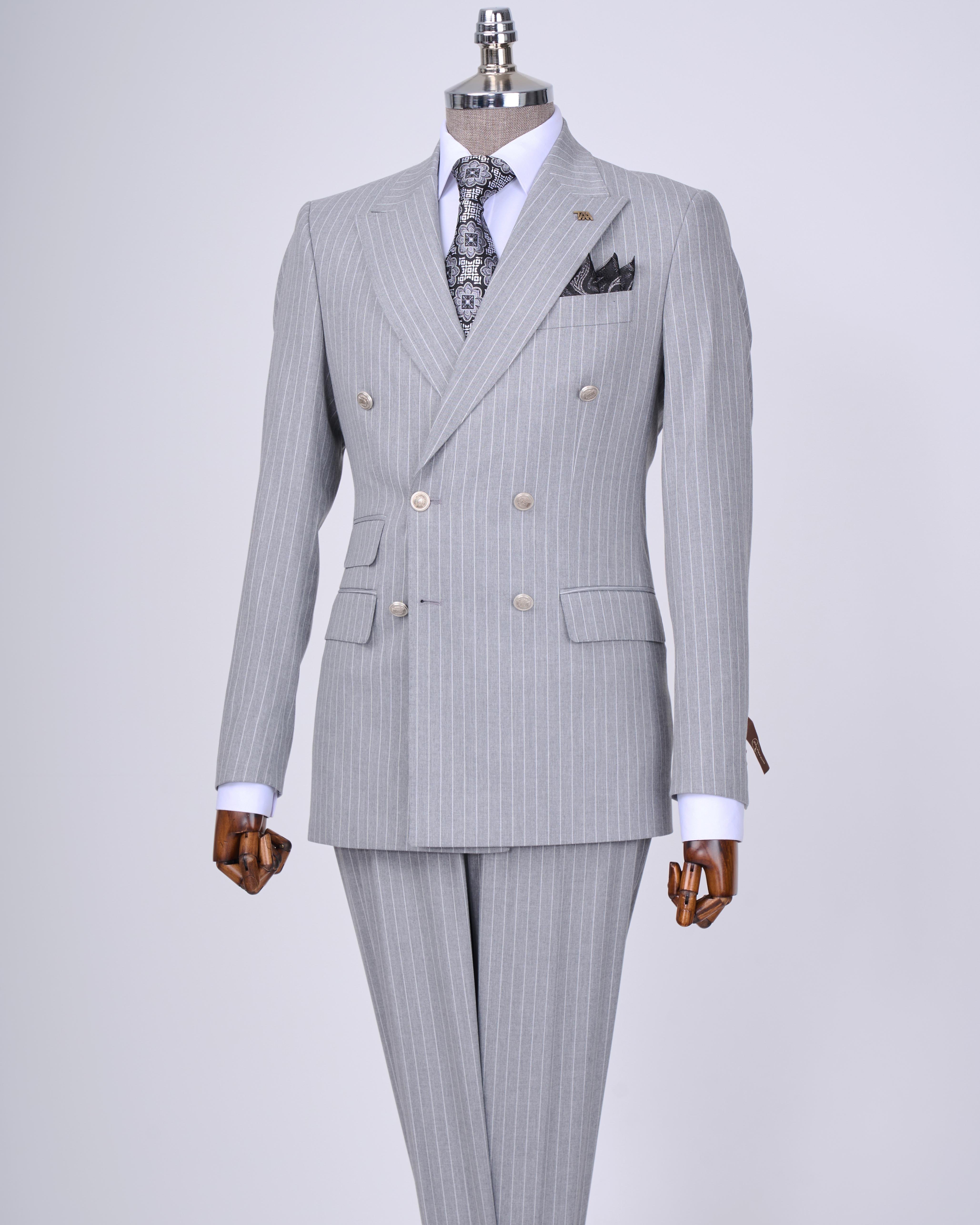 İtalyan stil kruvaze ceket pantolon takım elbise Gri T7195