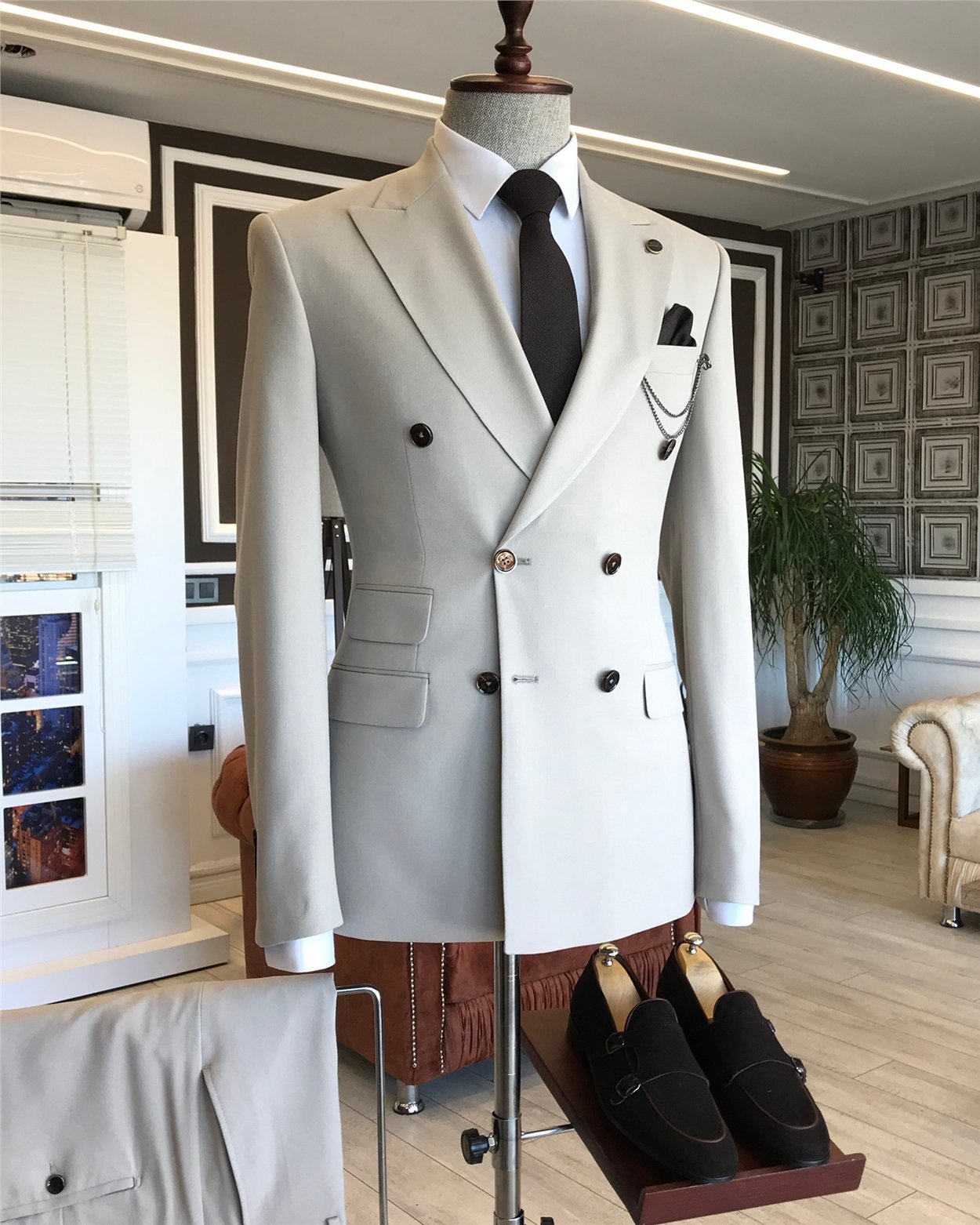 İtalyan stil çizgili kruvaze ceket pantolon takım elbise bej T6101