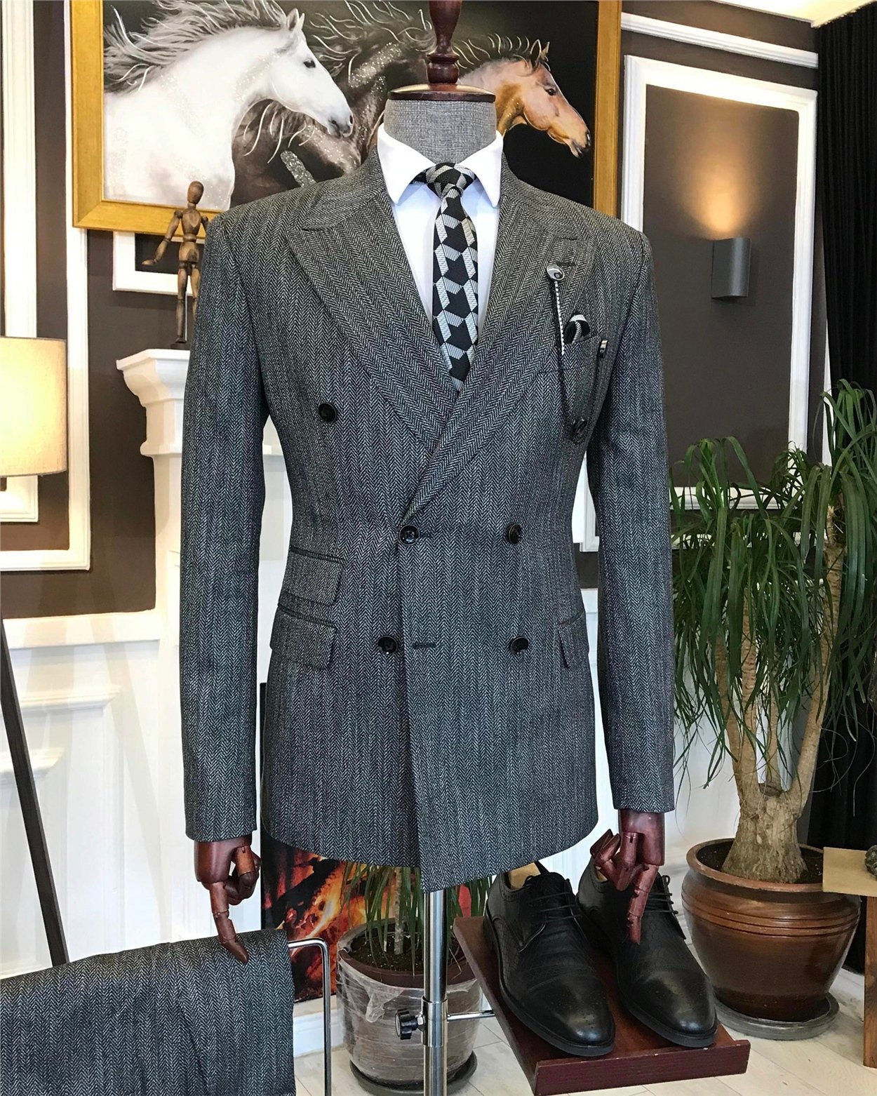 İtalyan stil kruvaze ceket pantolon takım elbise Siyah T6755