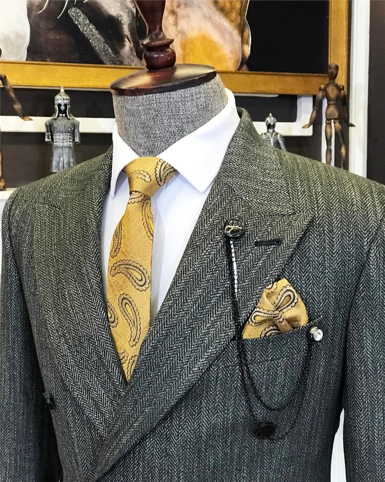 İtalyan stil kruvaze ceket pantolon takım elbise Yeşil T6751