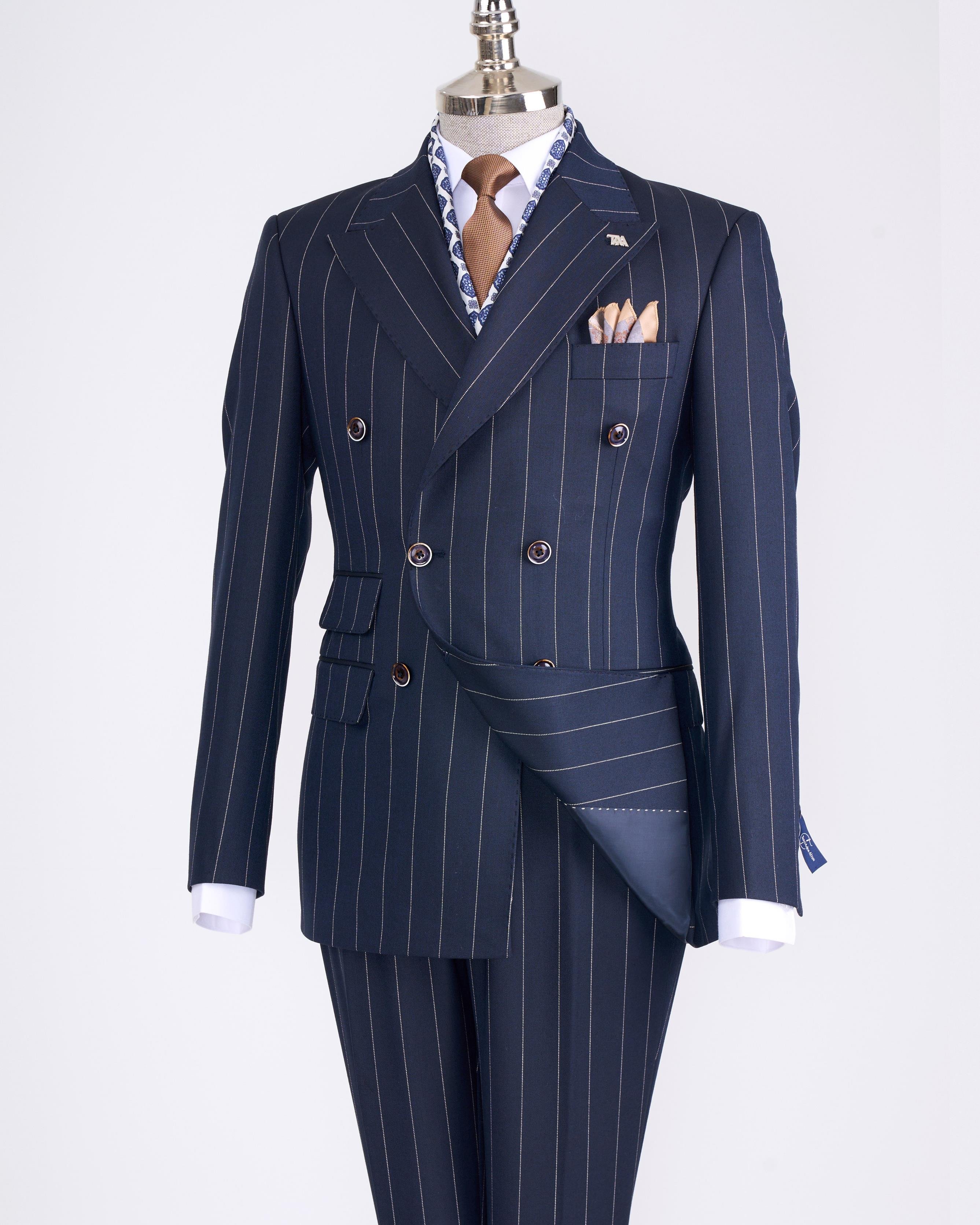 İtalyan stil kruvaze ceket pantolon takım elbise lacivert T13301
